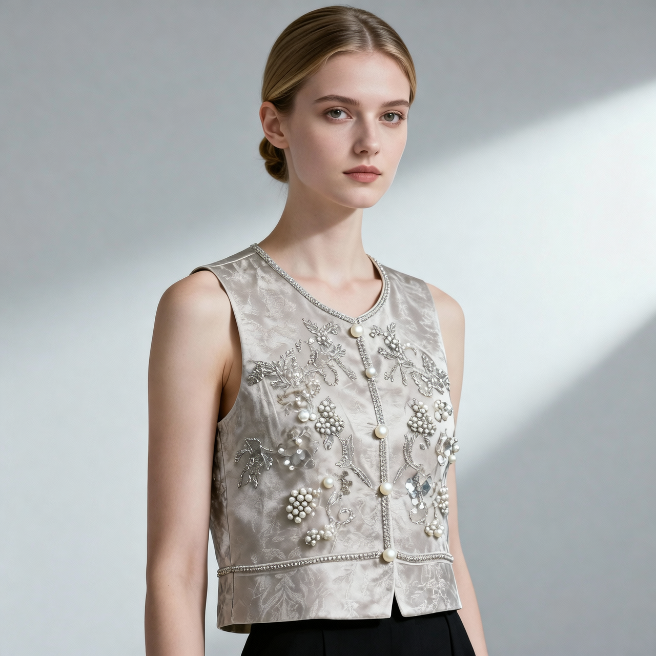 Women’s Pearl Beaded Jacquard Sleeveless Vest Top LA-030407