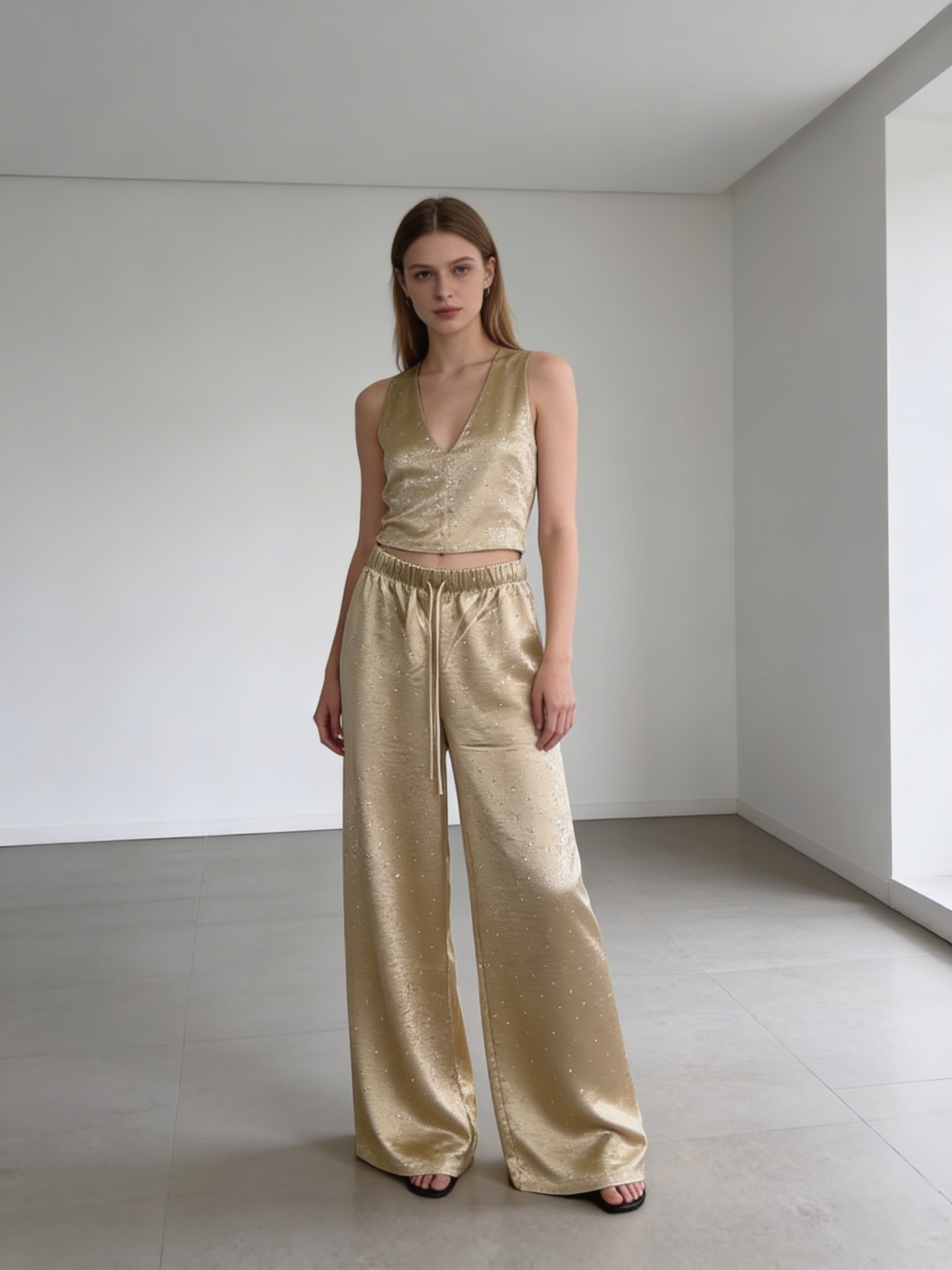 Women’s High Waist Rhinestone Satin Wide Leg Pants LA-030410