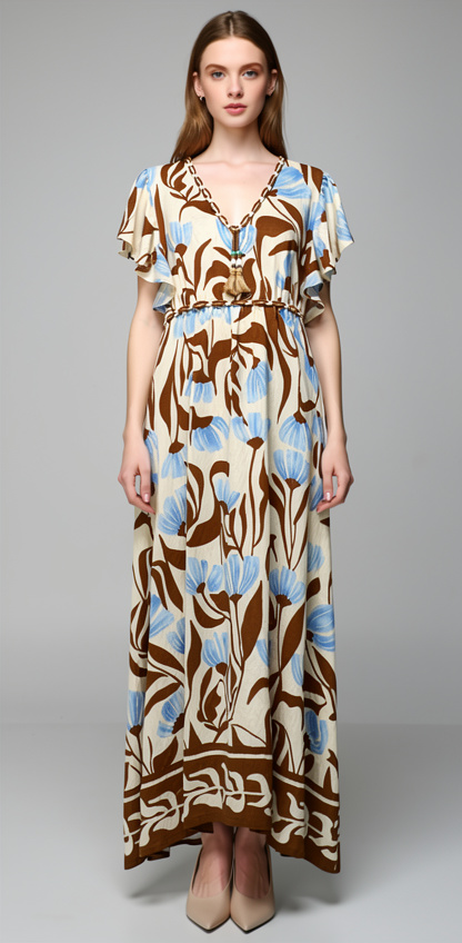 Women’s Summer Boho Floral Ruffle Sleeve V Neck Maxi Dress 