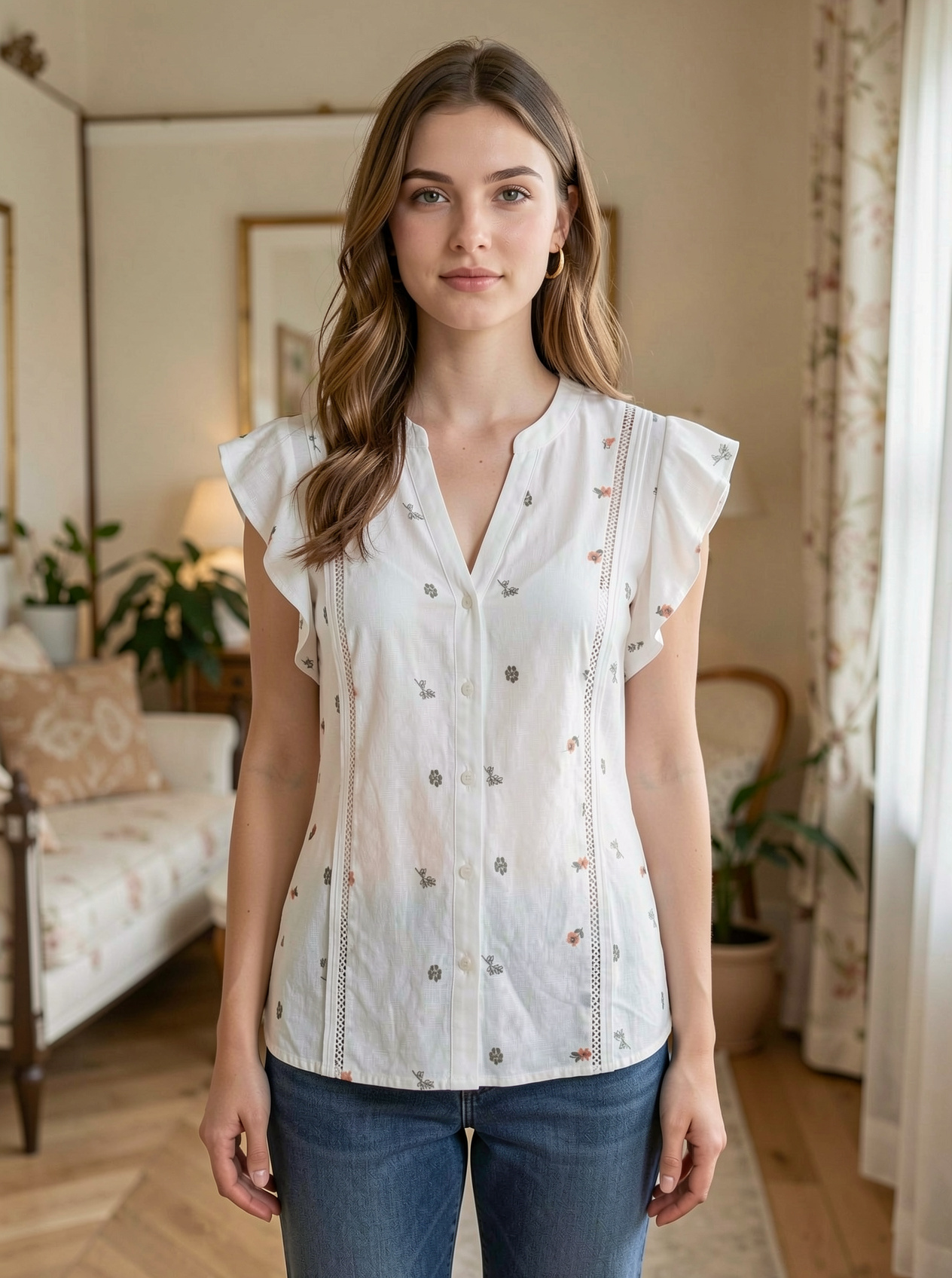 Women’s Floral Embroidered Ruffle Sleeve Button Blouse AN-760011