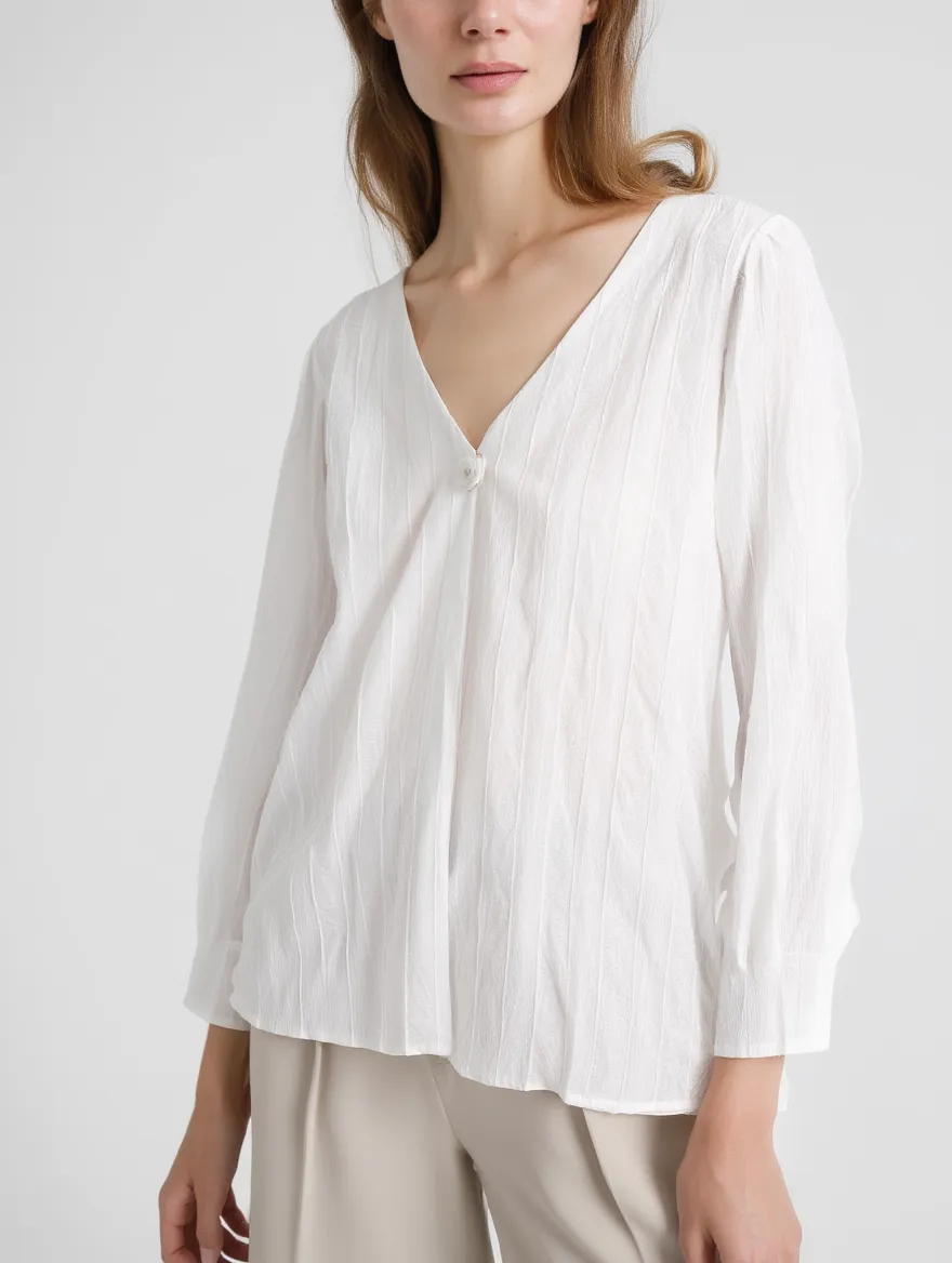 Women’s Casual Solid V Neck Loose Fit Long Sleeve Blouse M -26172