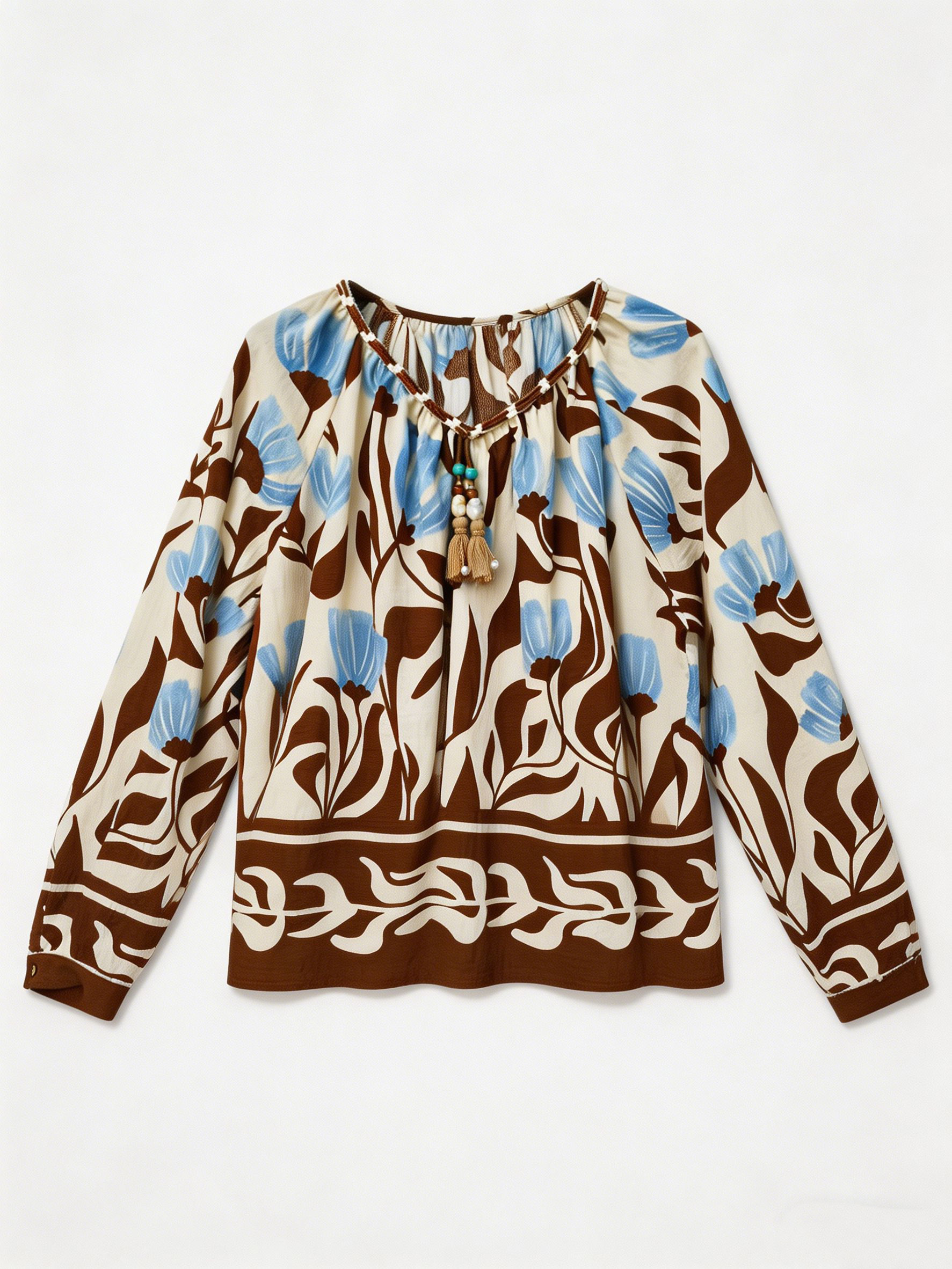 Women’s Boho Botanical Print Tassel Tie Blouse – Casual Resort Vacation Top C-42382