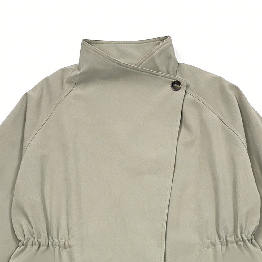 Elegant Light Sage Green Office Trench - Stand Collar Longline Tailored Coat  57686