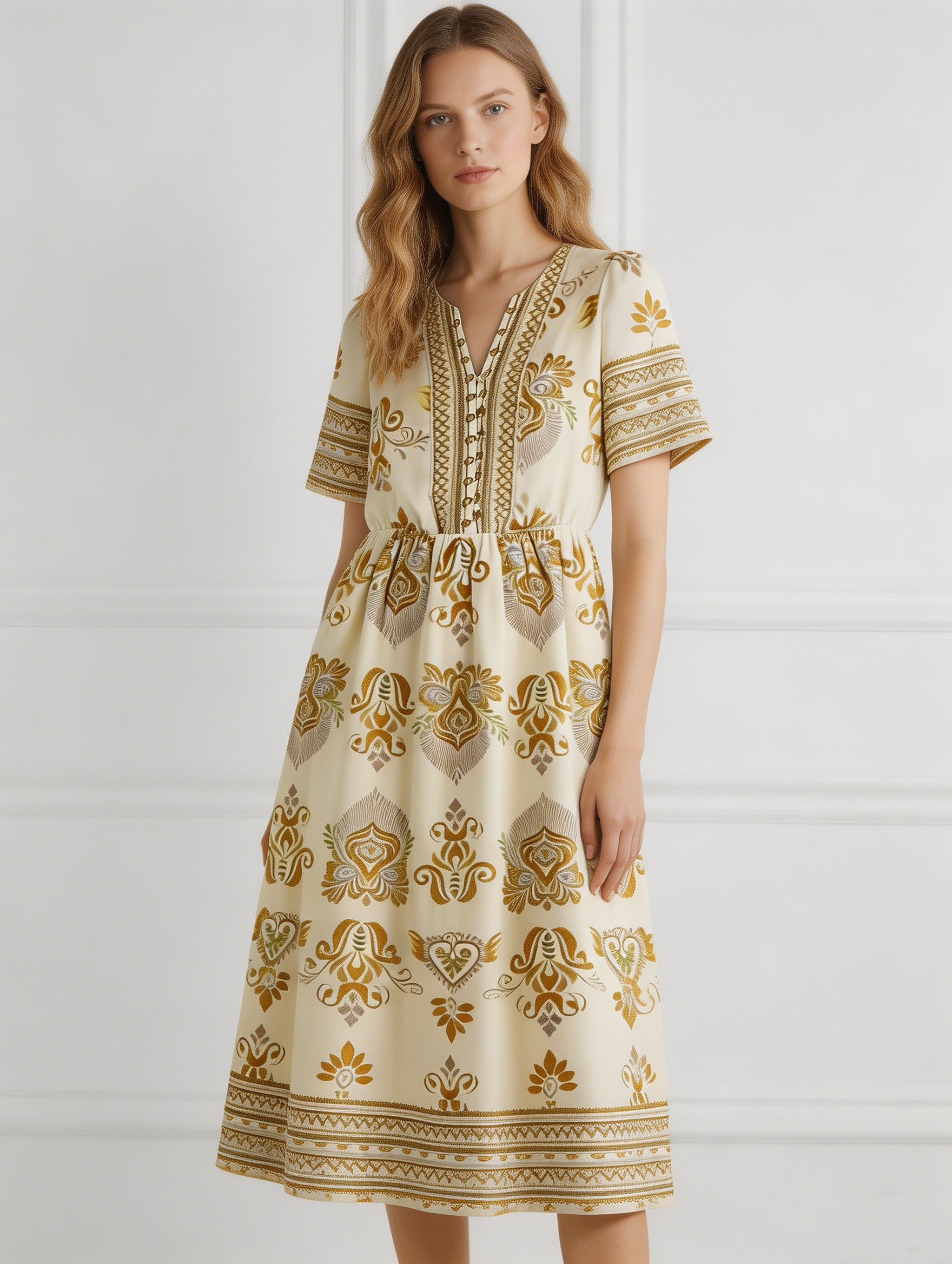 Ethnic Style Beige Gold Paisley Dress - High Waist A-Line Dress  C-40115
