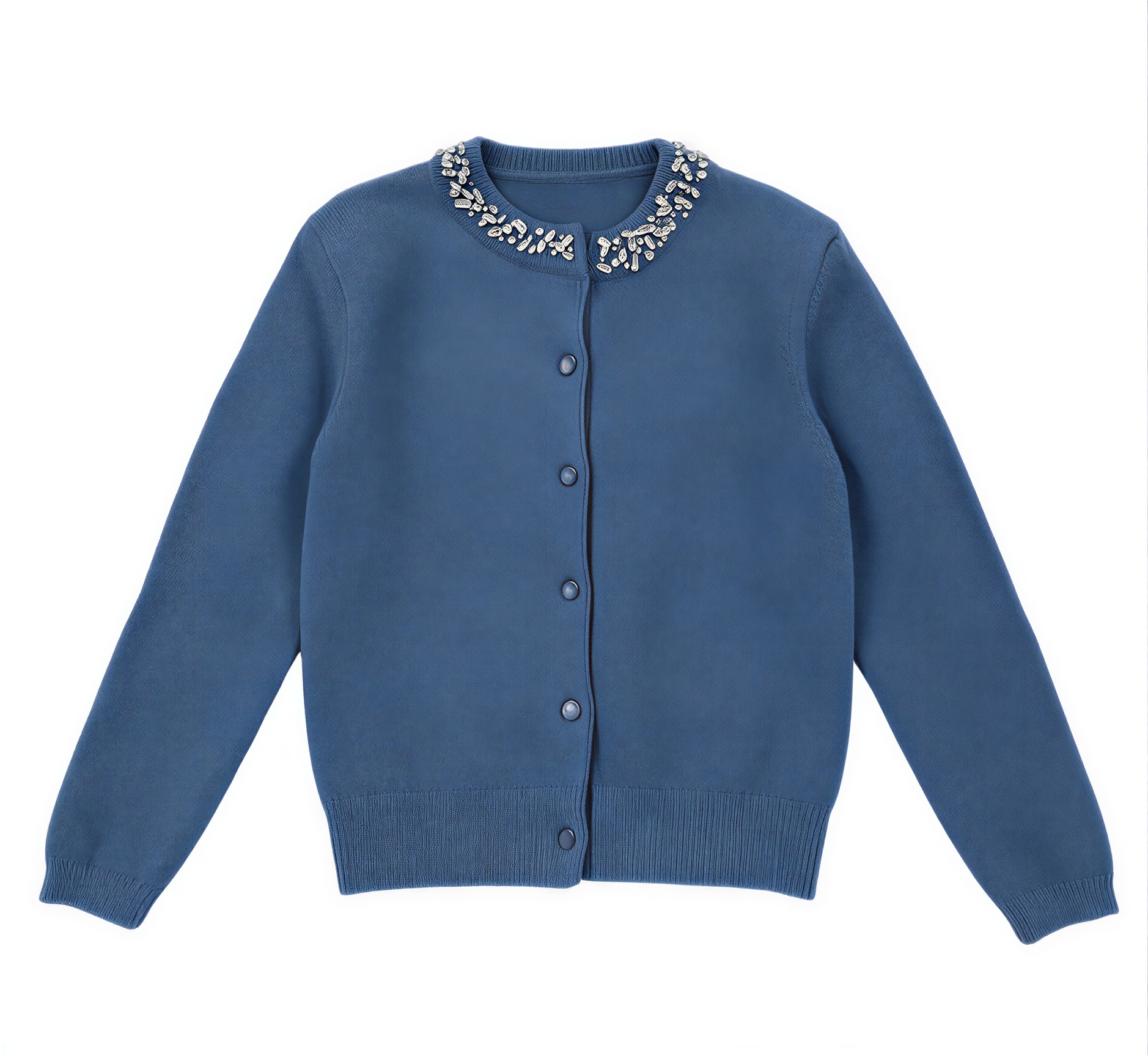 Chic Blue Beaded Neck Cardigan - Crew Neck Button Up Knit Top  MAN-860070