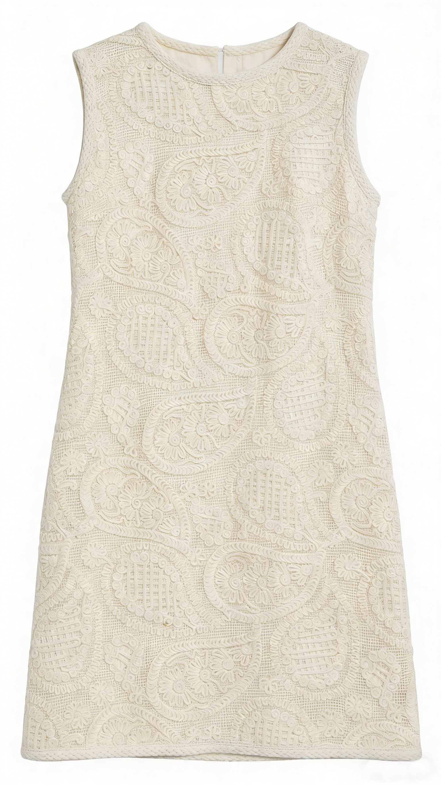 Women's Beige Paisley Embroidered Sleeveless Shift Dress - Lace Detail Mini Dress  W-41388A