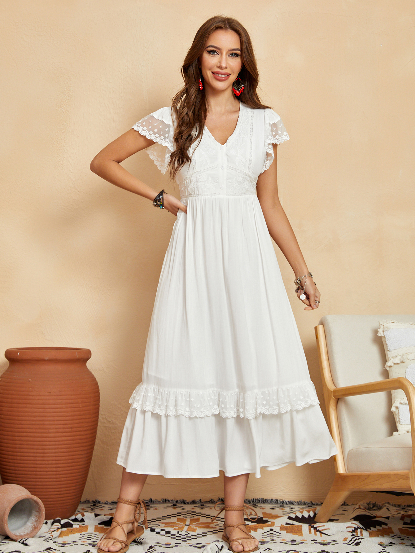 Women’s Boho Lace Trim V-Neck Tiered Maxi Dress D-35003