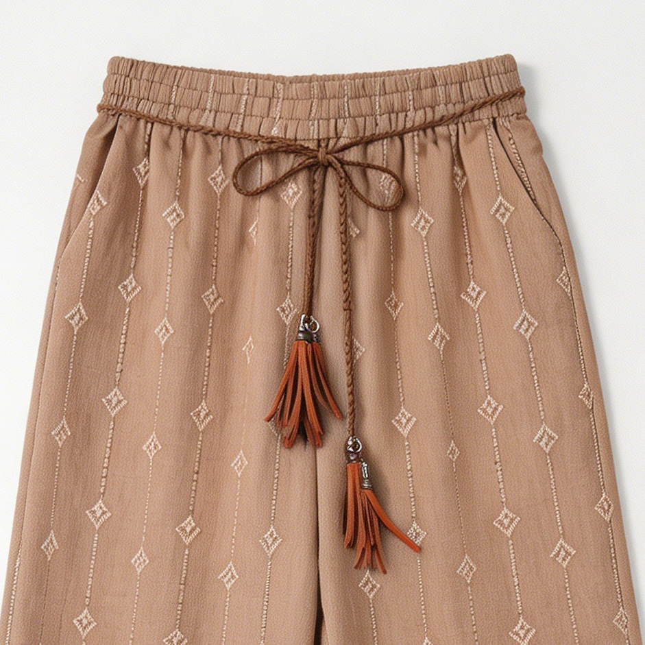 Bohemian Embroidered Pants – Elastic Waist Tassel Resort Bottoms D-41240
