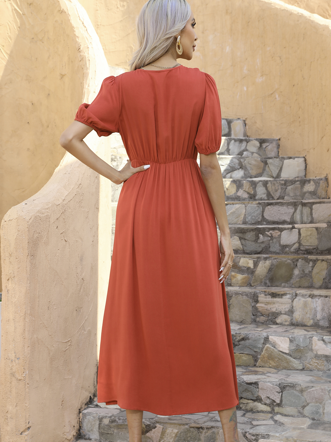 Women’s Boho Embroidered Midi Dress with Tassel Tie V Neck D-34333