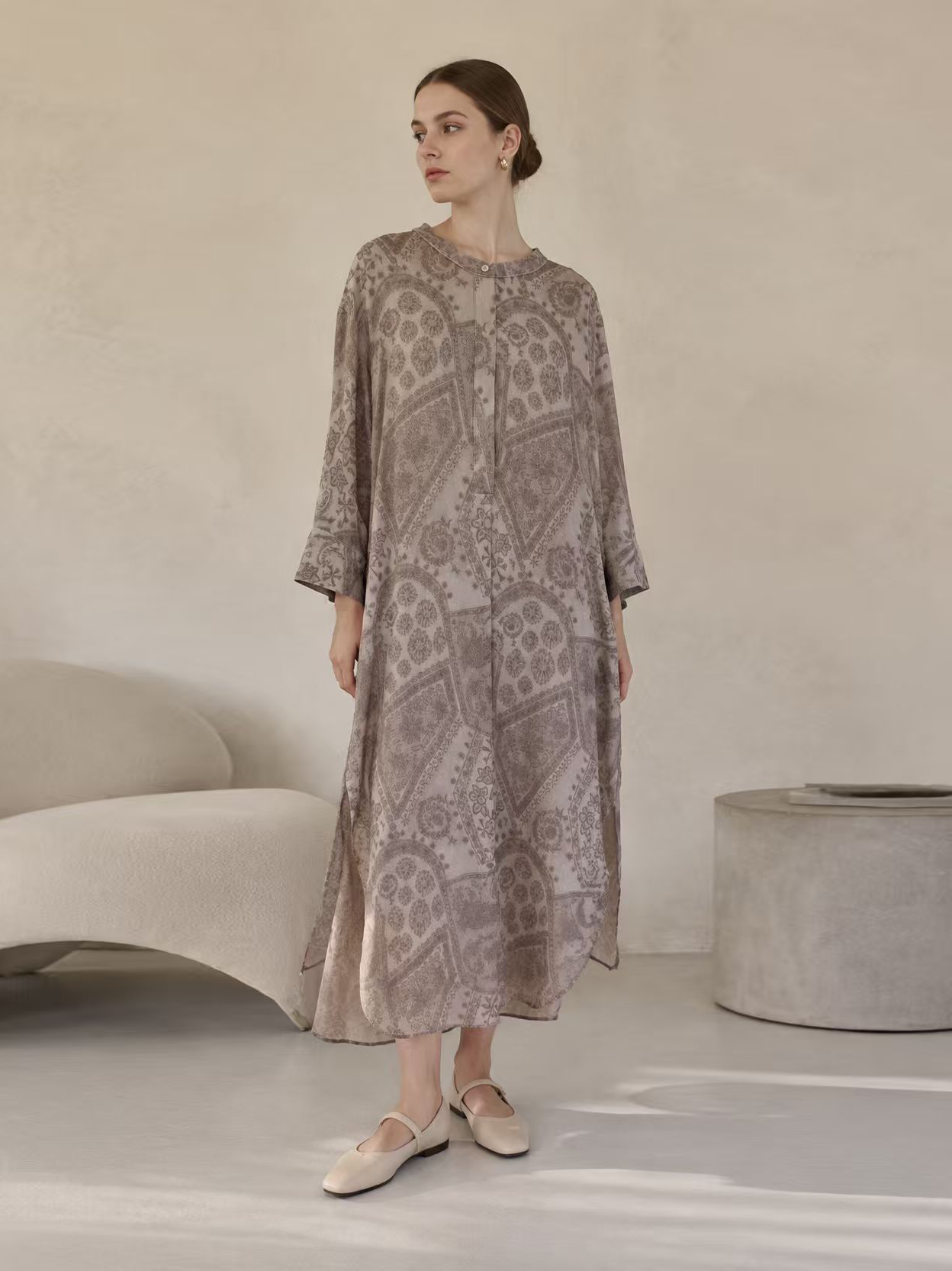 Minimalist Paisley Print Half-Button Tunic Dress AN-750010