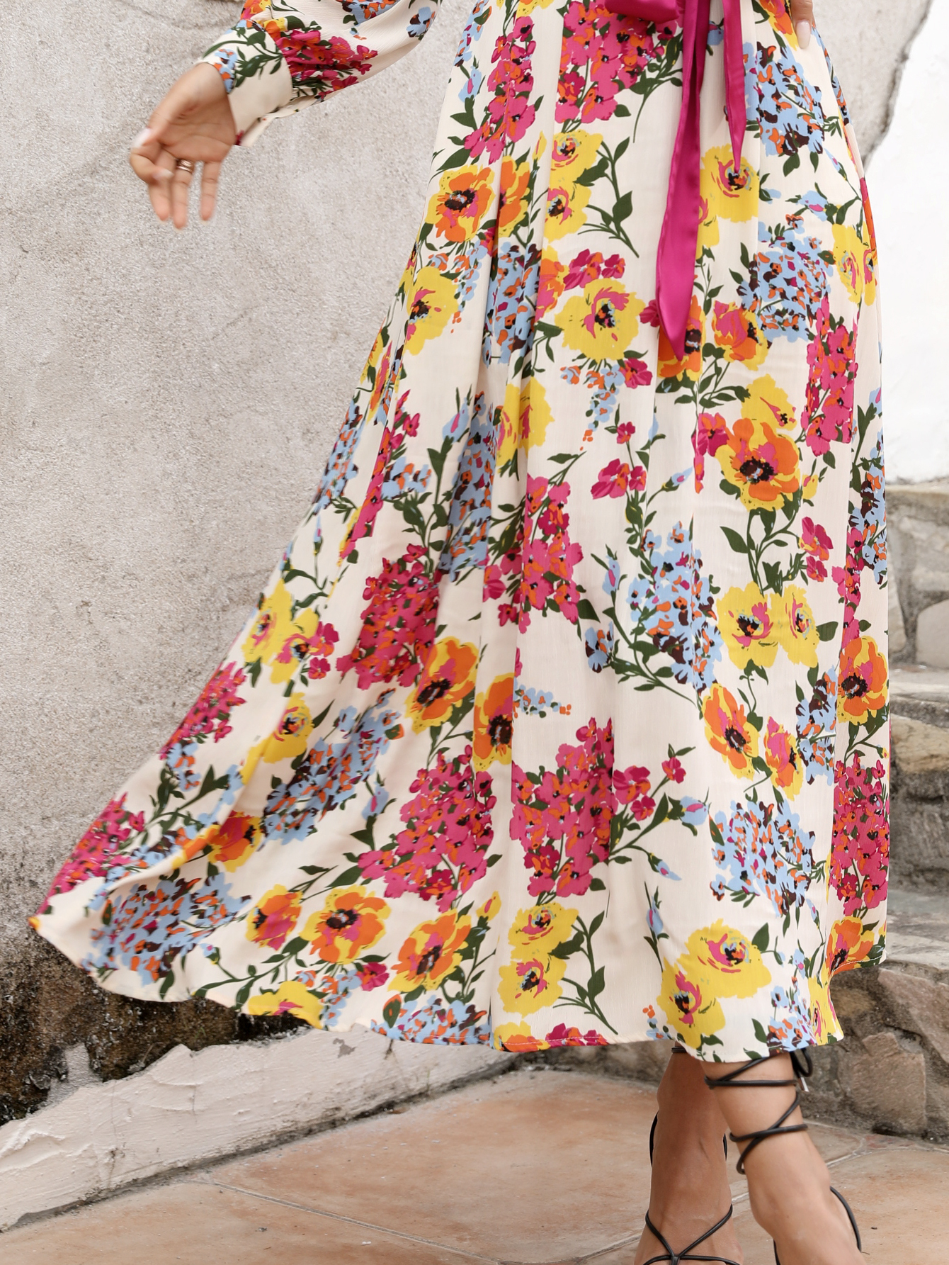 Women’s Boho Floral Midi Dress with V Neck and Sash Belt D-34237