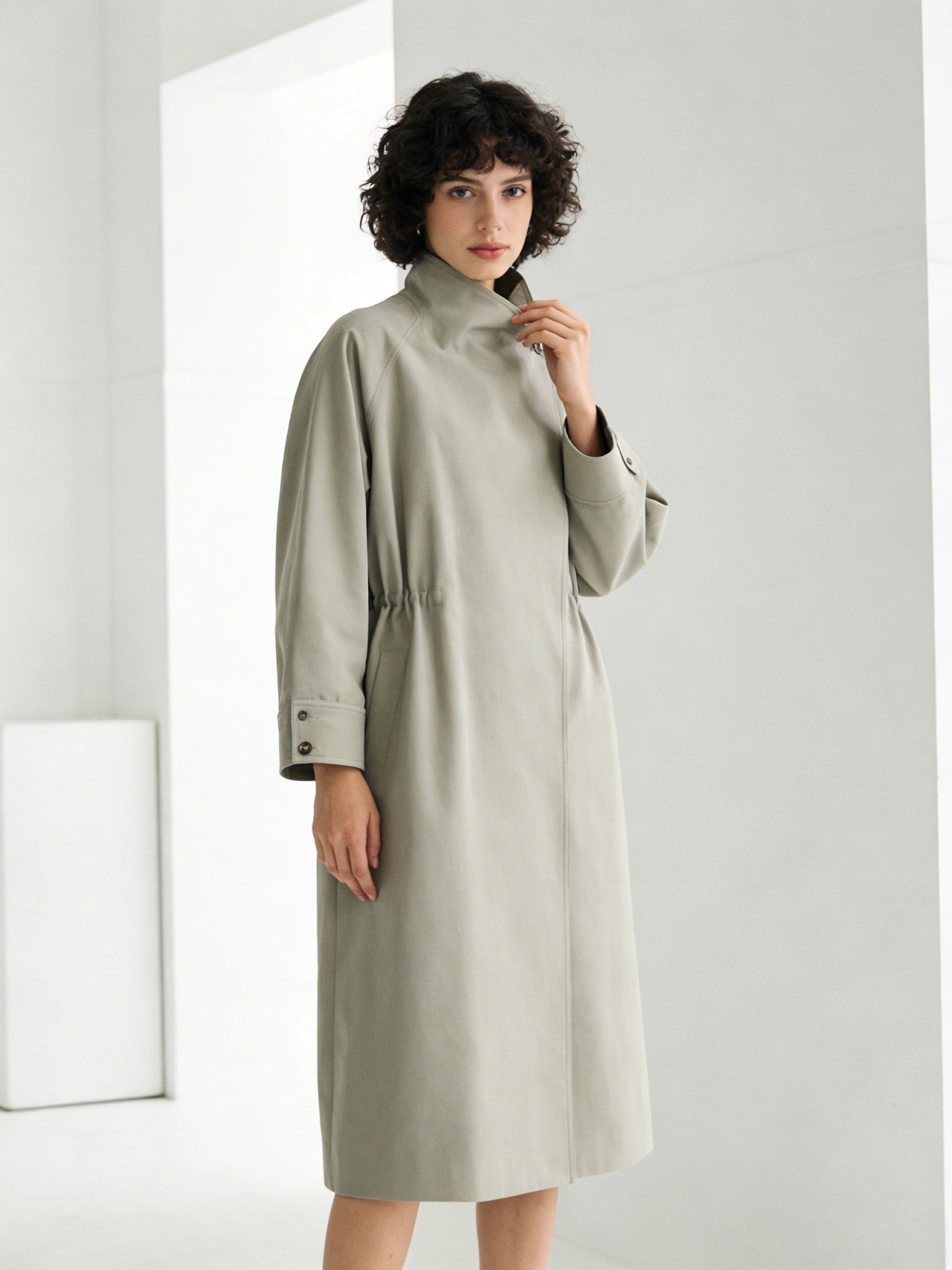 Elegant Light Sage Green Office Trench - Stand Collar Longline Tailored Coat  57686