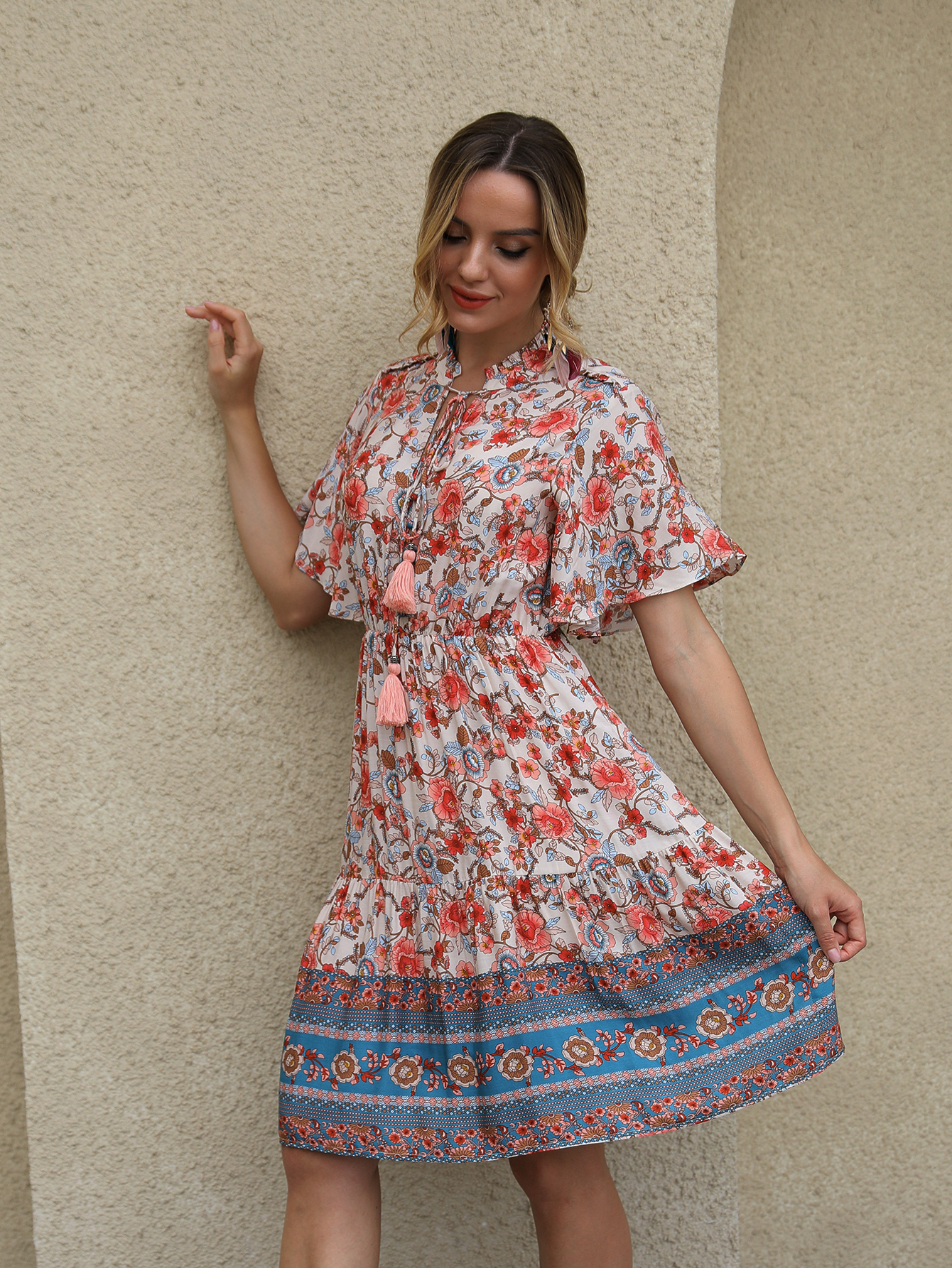 Women’s Boho Floral Tassel Tie Flare Sleeve Mini Dress FCT-Y32066