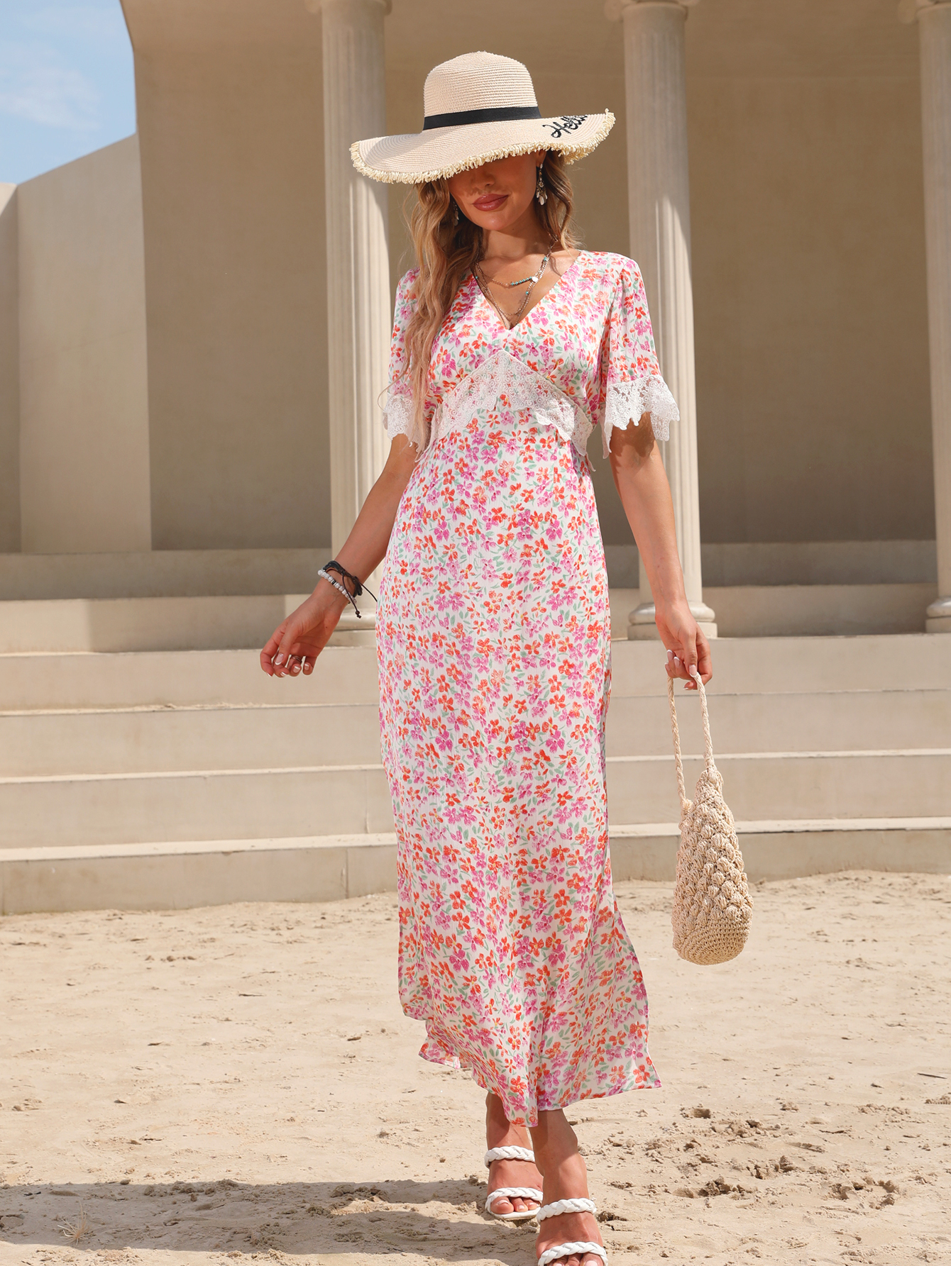 Women’s Floral Lace Trim V-Neck Maxi Dress W-32747