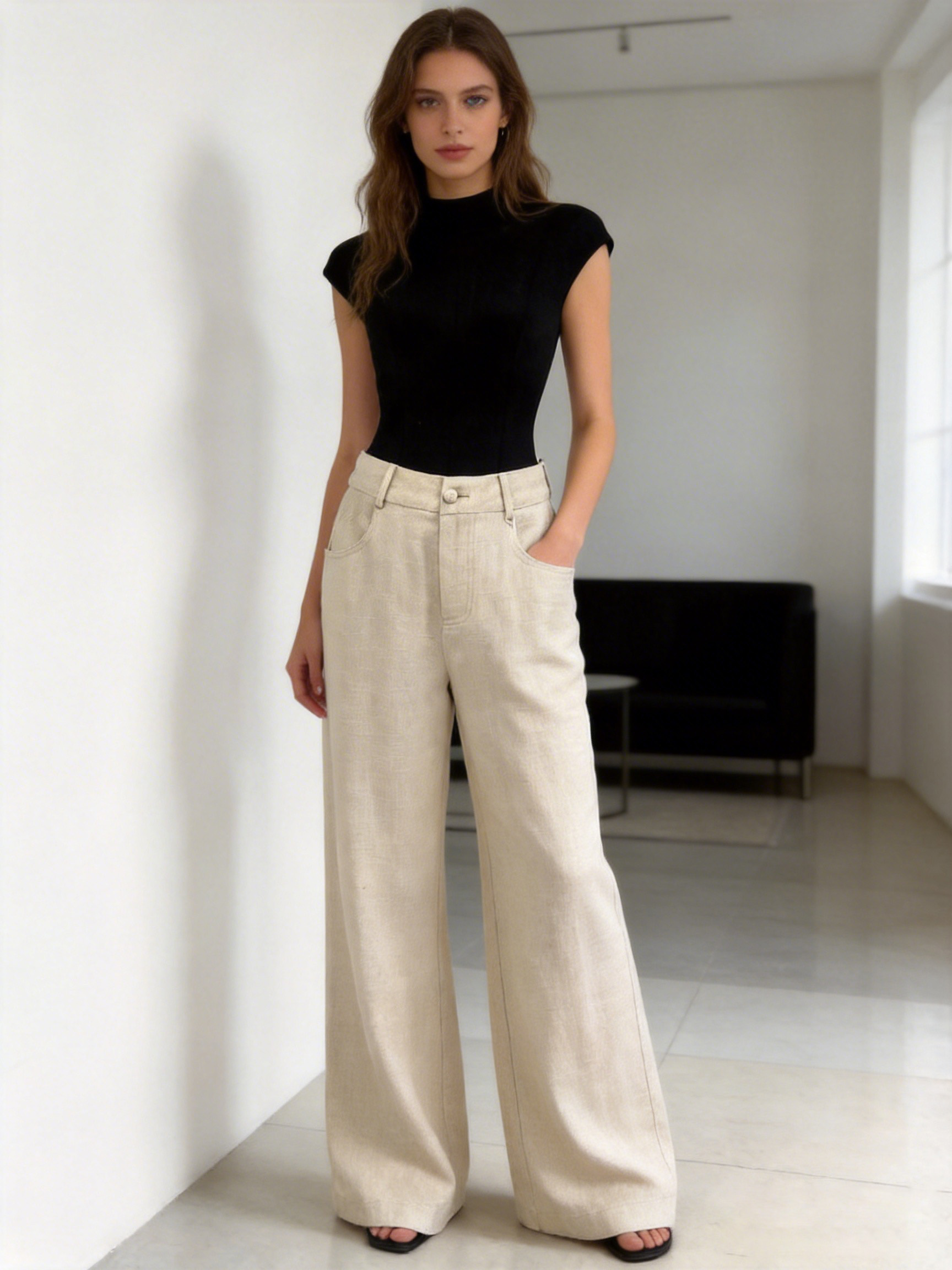 Minimalist Textured Wide Leg Pants - Cream High Waisted Casual  SZLA-320012
