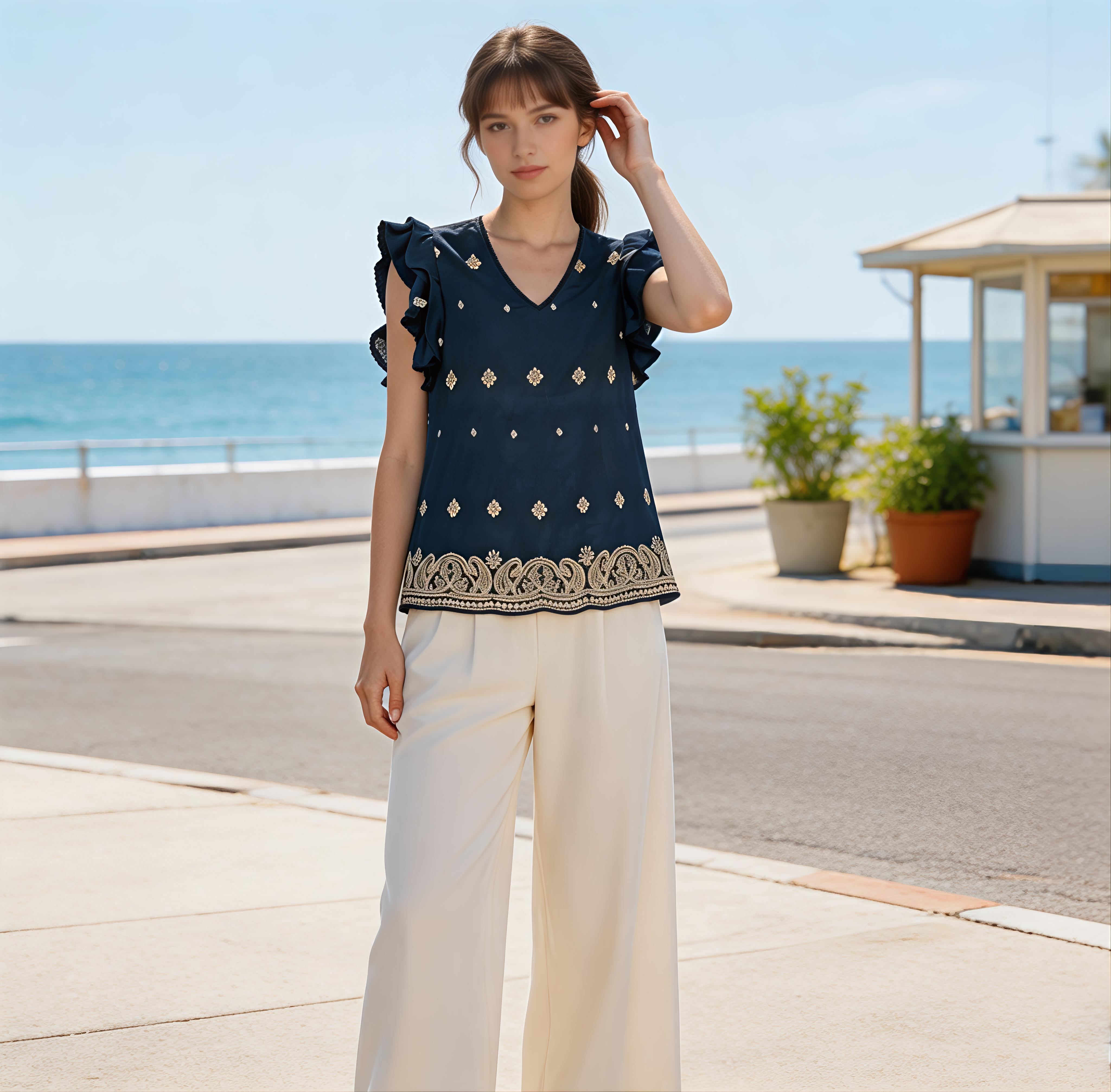 White Gold Paisley Embroidered Ruffle Sleeve Blouse - Boho V-Neck Top AN-710001