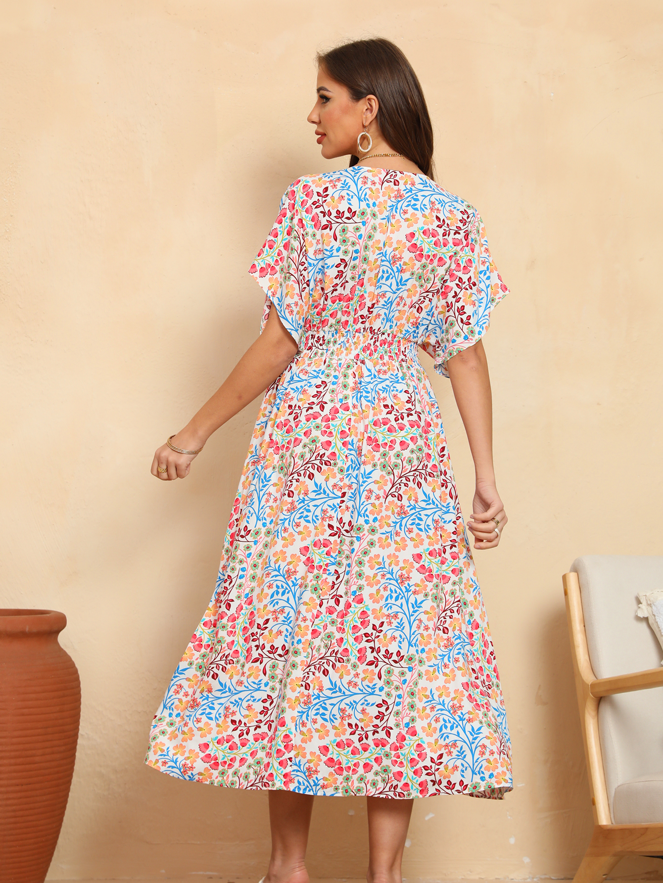 Women’s Boho Floral V-Neck Slit Midi Dress D-34789