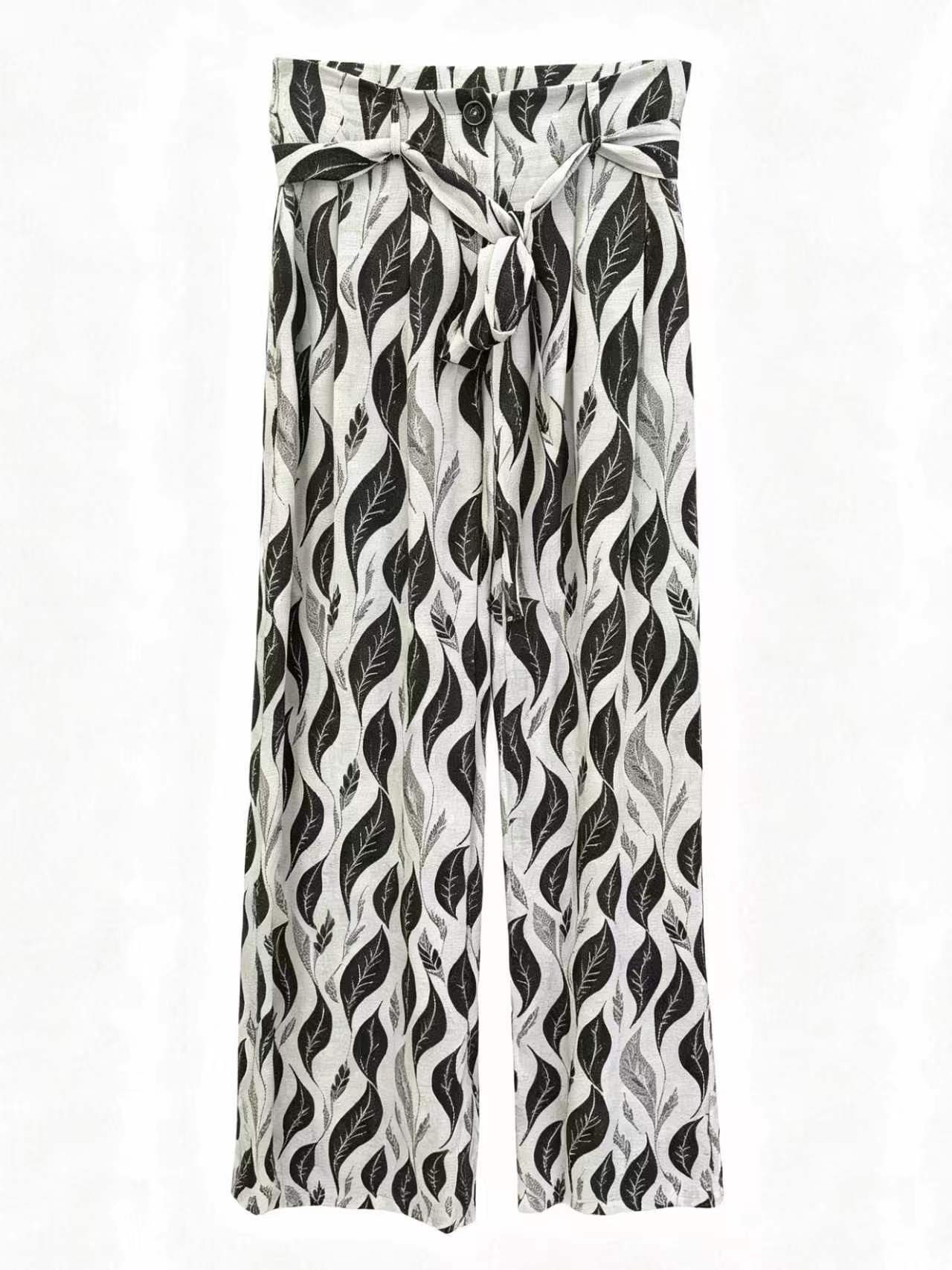 Minimalist High-Waisted Leaf Print Pants with Self-Tie Belt AN-750012