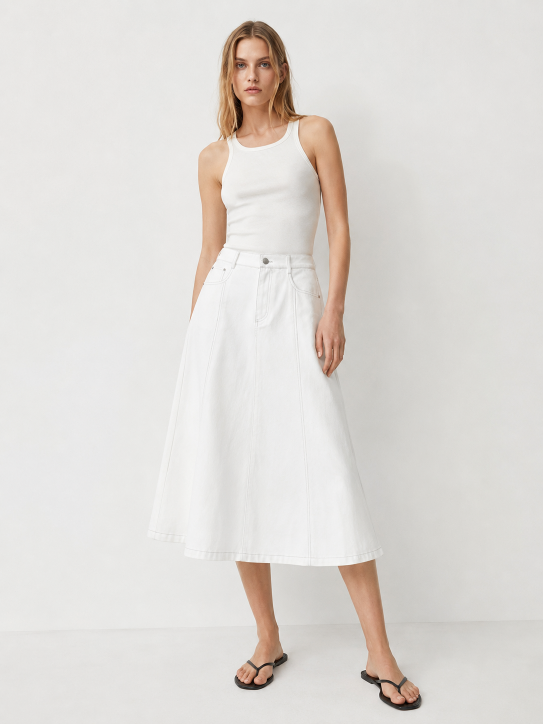 Minimalist White Denim Skirt - High Waist Flared Casual Skirt  A-41942