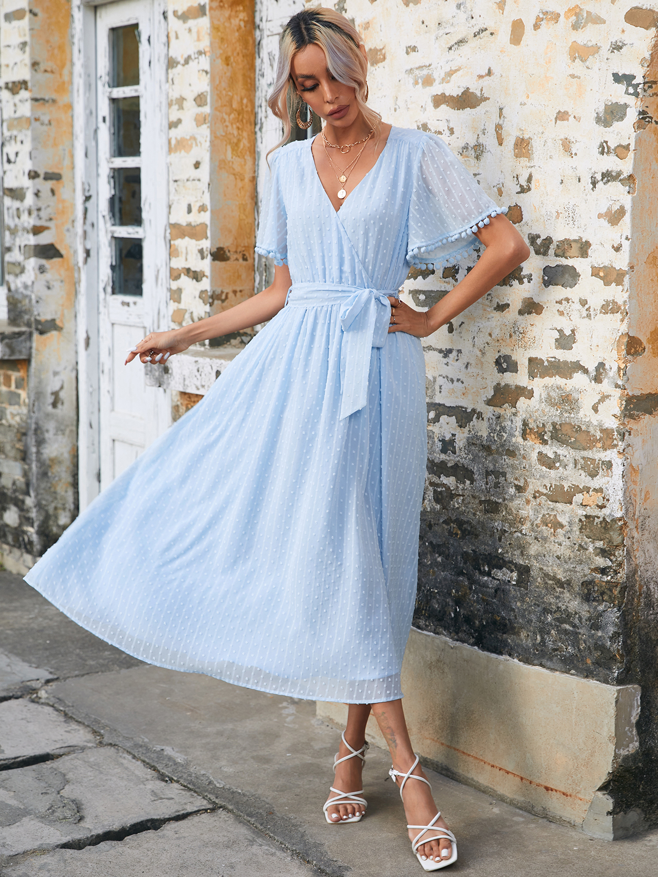 Women Summer Boho Swiss Dot Wrap V Neck Pom Pom Sleeve Midi Dress W-34474