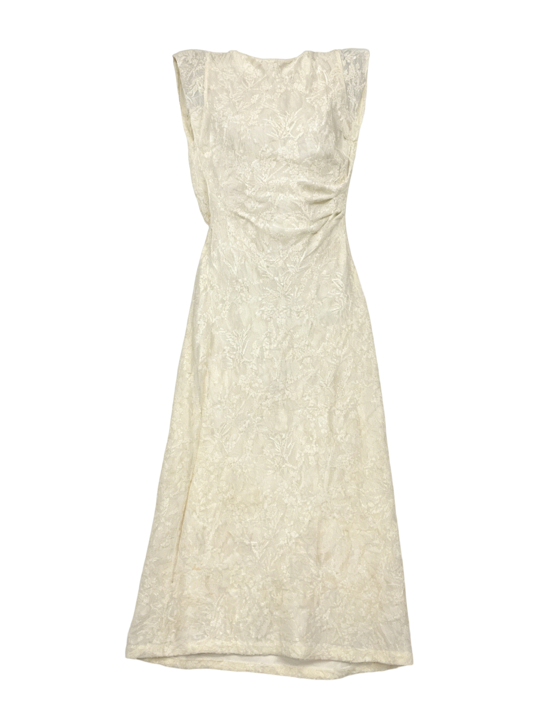 Chic Ivory Jacquard Dress - Boat Neck Ruched Waist Casual Midi Dress  W-41151
