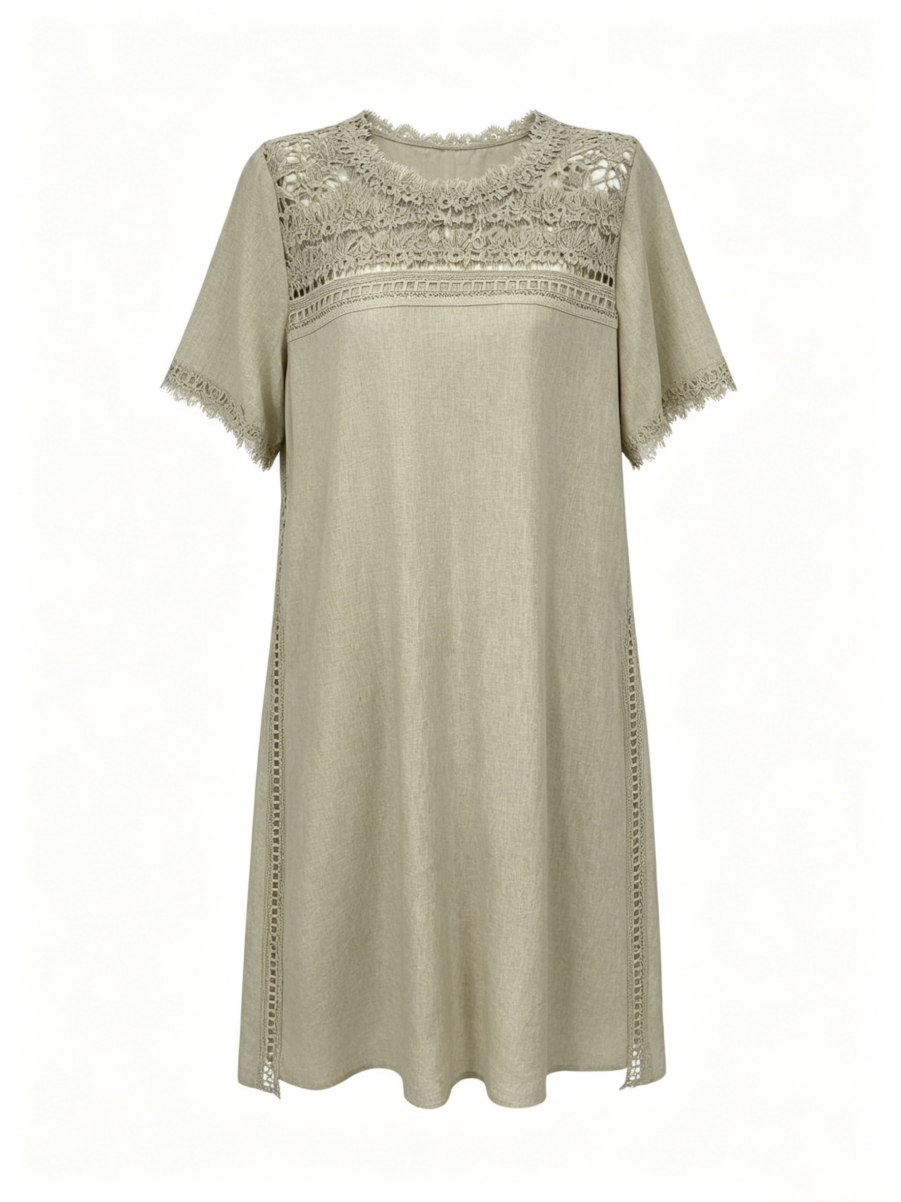 Women’s Linen Midi Dress – Lace Yoke Loose Boho Summer Dress W-42901