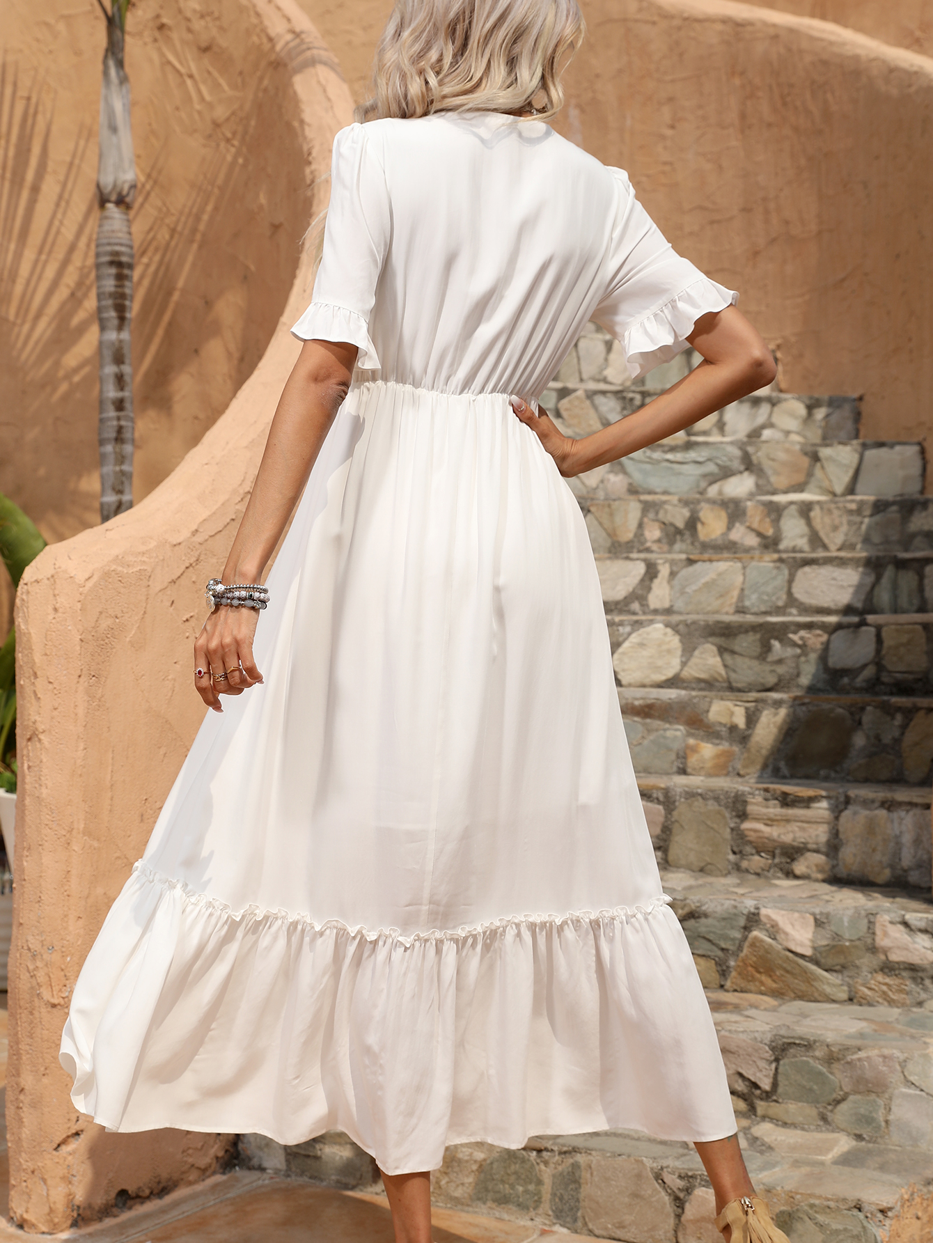 Women’s Boho Floral Embroidered V-Neck Resort Maxi Dress D-34468