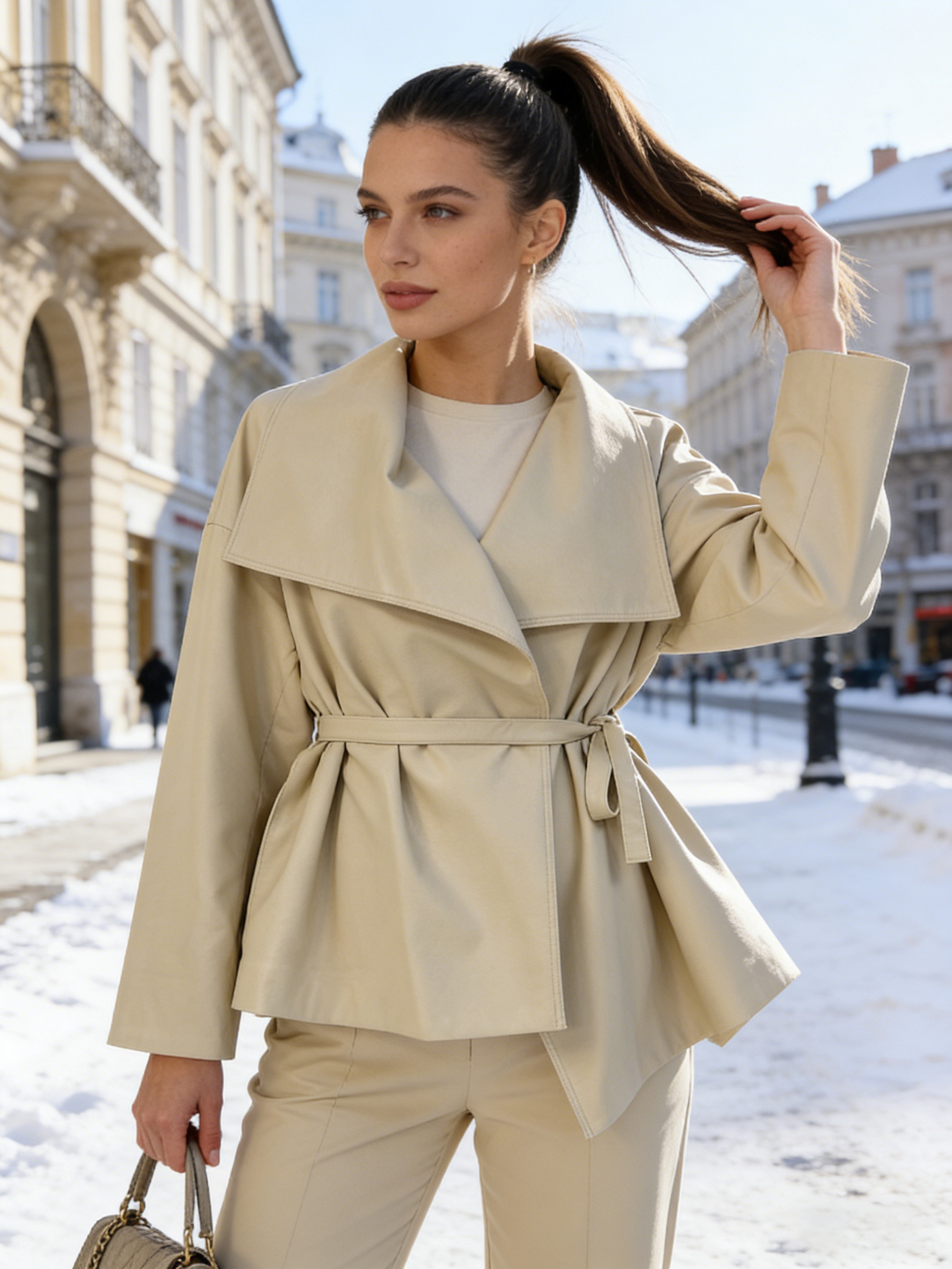 Vintage Beige Lapel Faux Leather Coat - Casual Oversized Jacket 27507