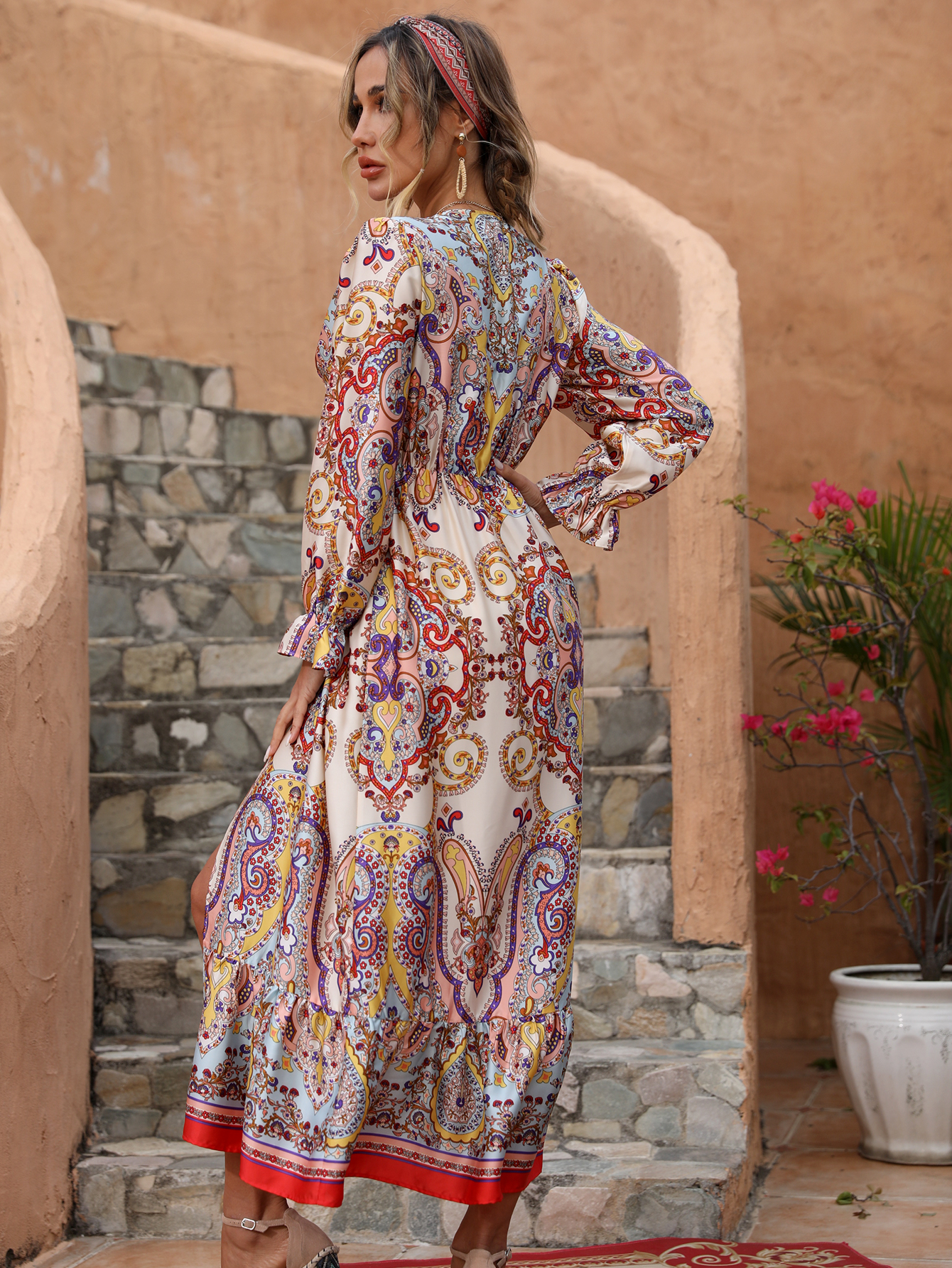 Boho Paisley V-Neck Smocked Waist Maxi Dress W-33440