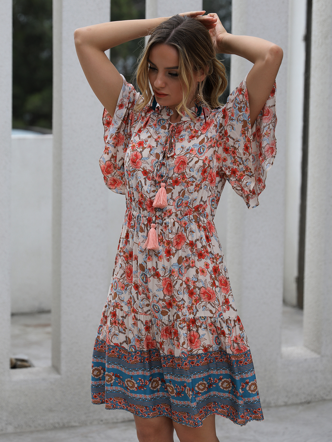 Women’s Boho Floral Tassel Tie Flare Sleeve Mini Dress FCT-Y32066