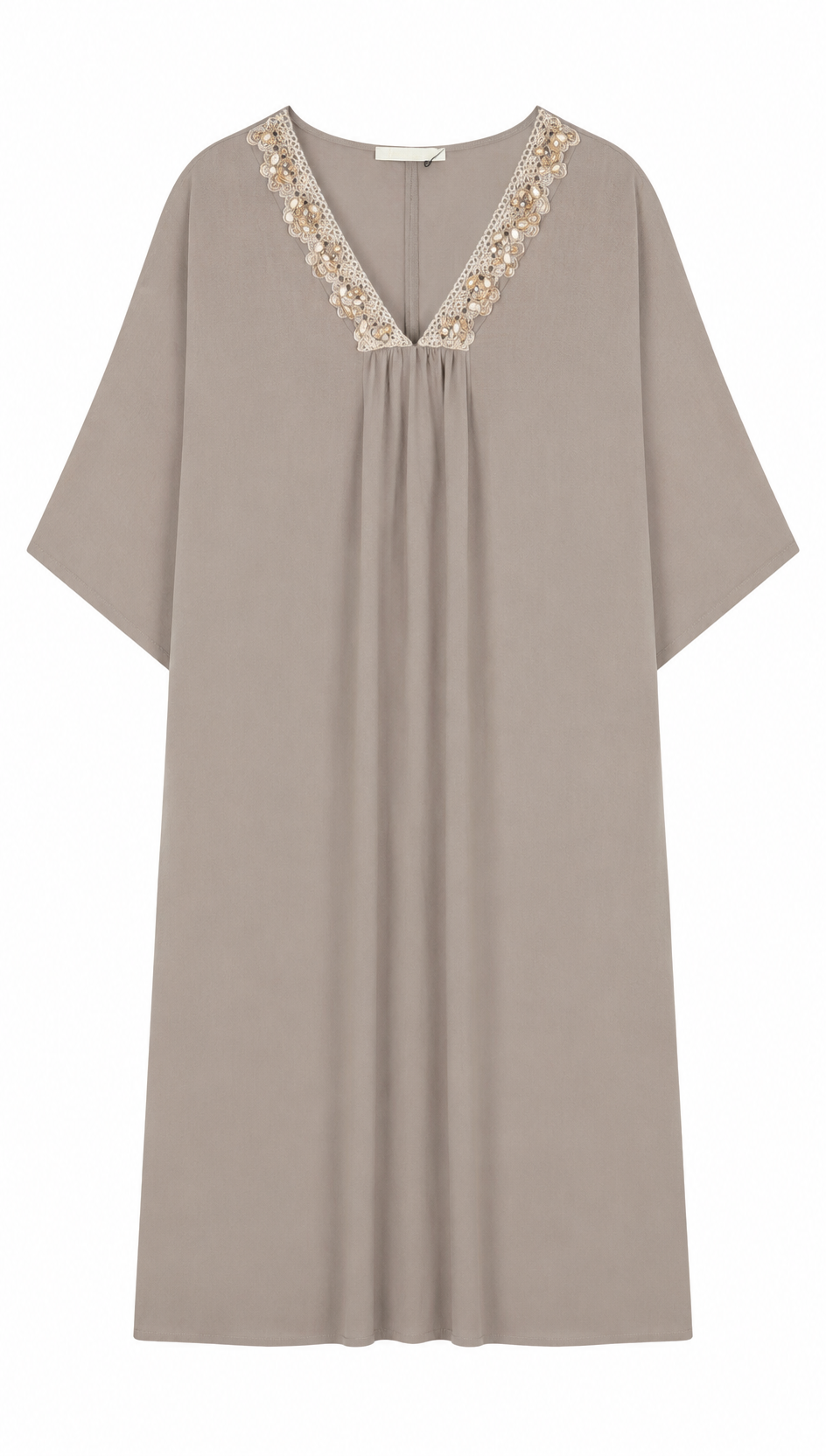Linen-Blend Kaftan Dress with Shell & Lace Neckline LA-810005
