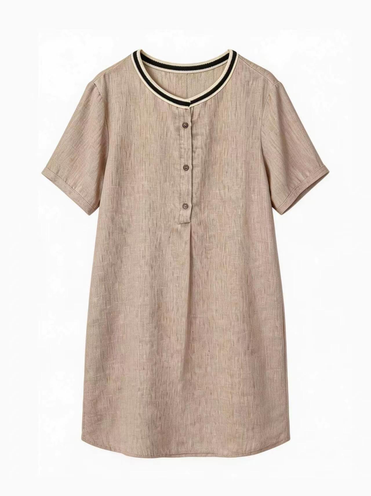 Blue Linen-Blend Tunic Dress with Contrast Neckline Trim AN-750015