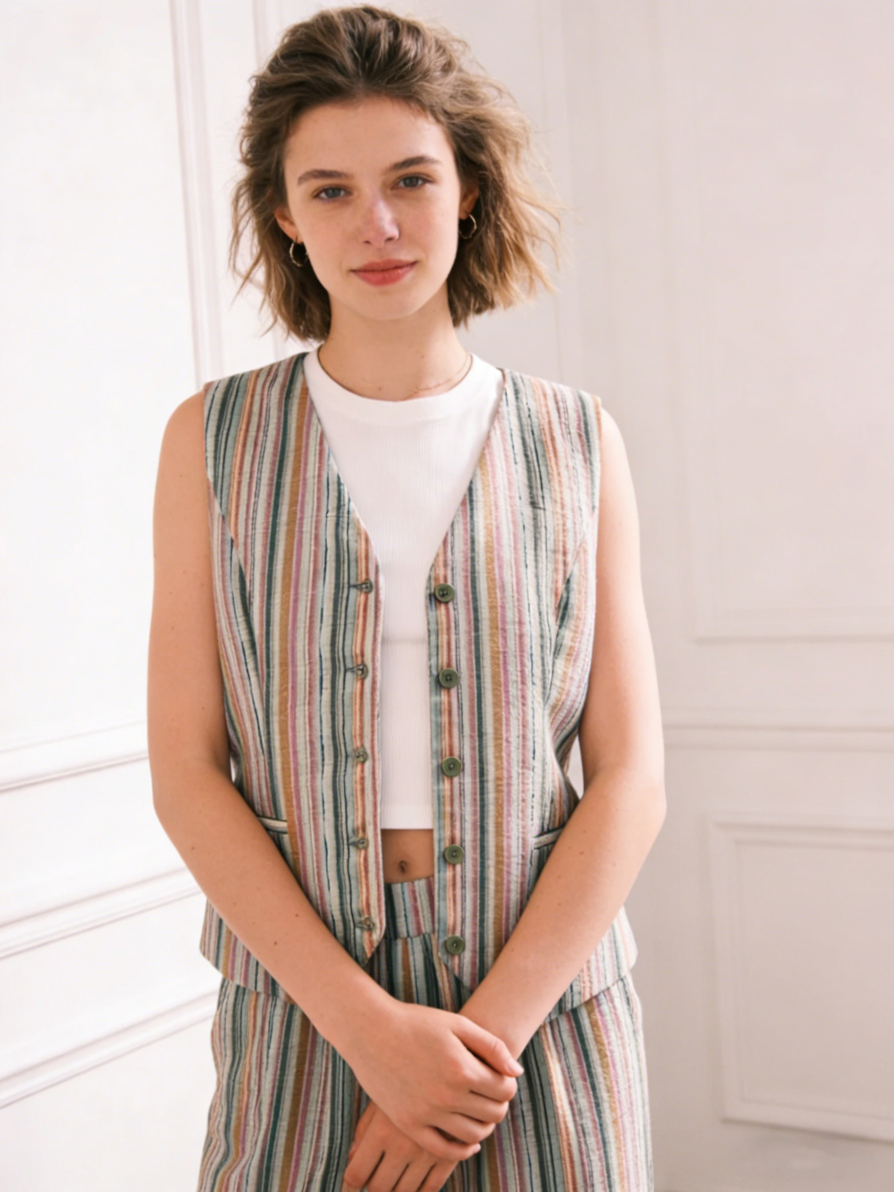 Oriental Style Multicolor Stripe Suit - V-Neck Vest & High Waist Trousers D-42125