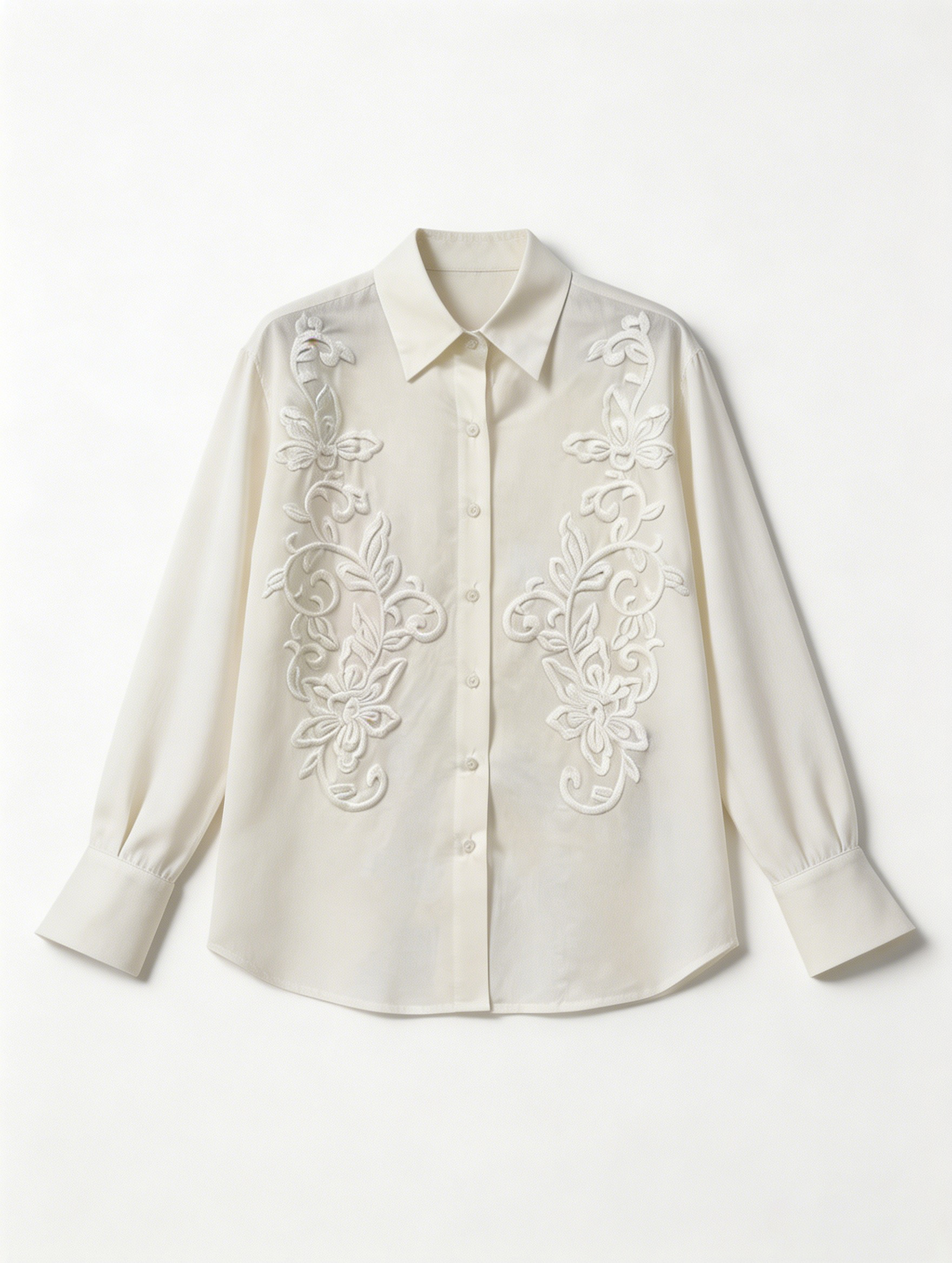 White Floral Embroidered Long Sleeve Shirt - Vintage Linen Blouse W-39376-1