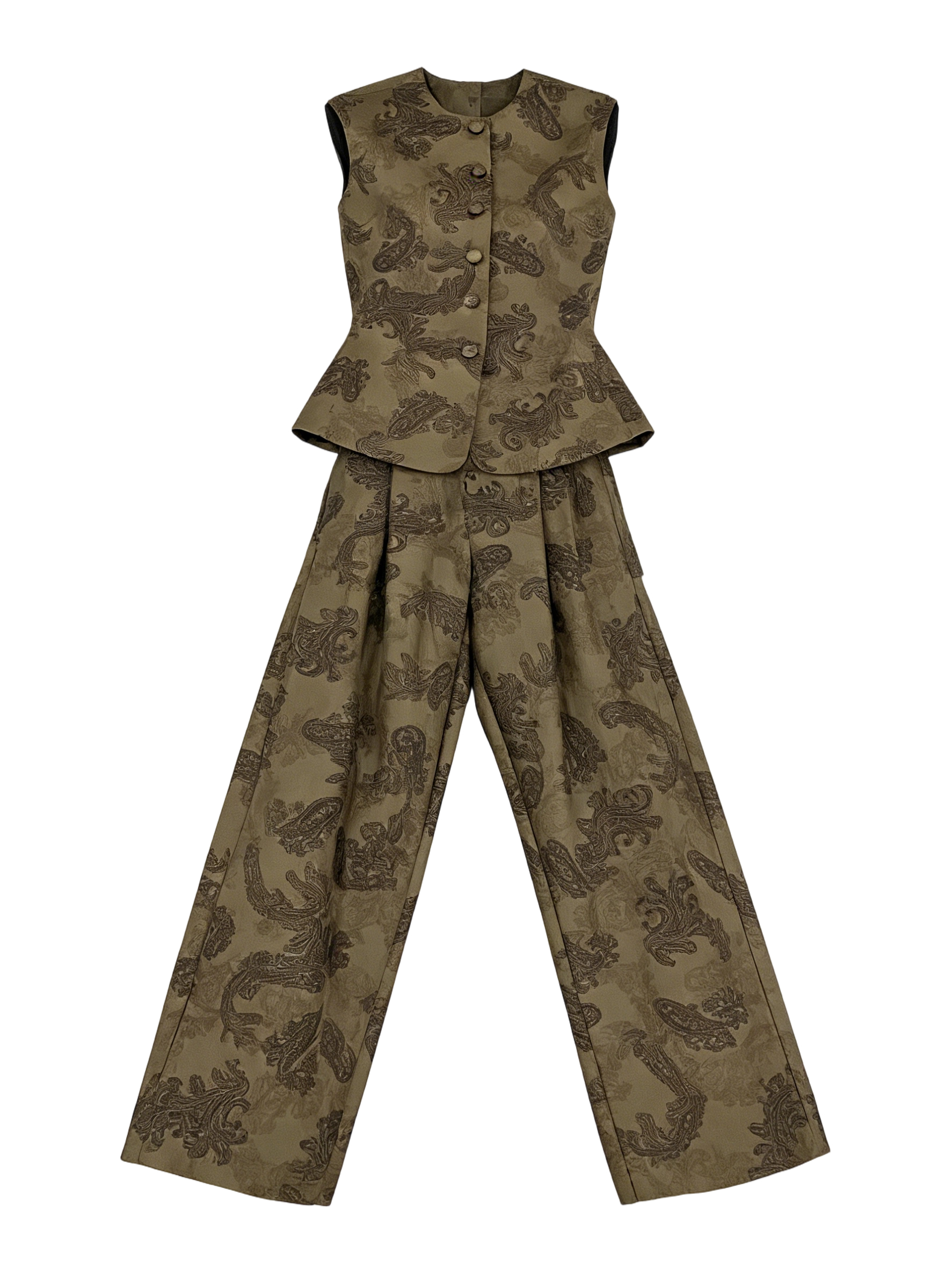 Women's Olive Green Paisley Jacquard Vest & Wide Leg Pants Set  W-41506，W-41507
