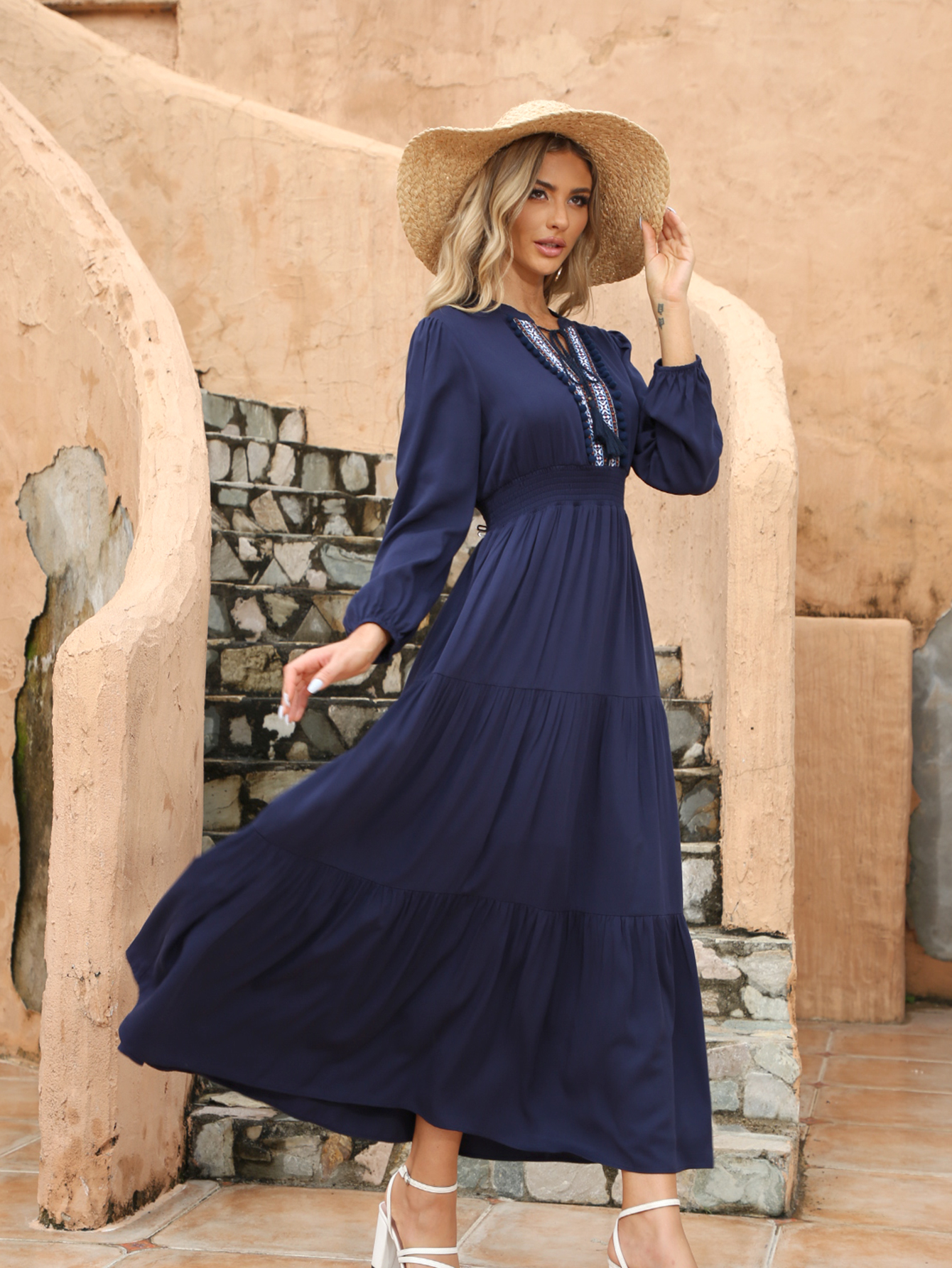 Women’s Boho Embroidered Tassel Tie Maxi Dress D-36050