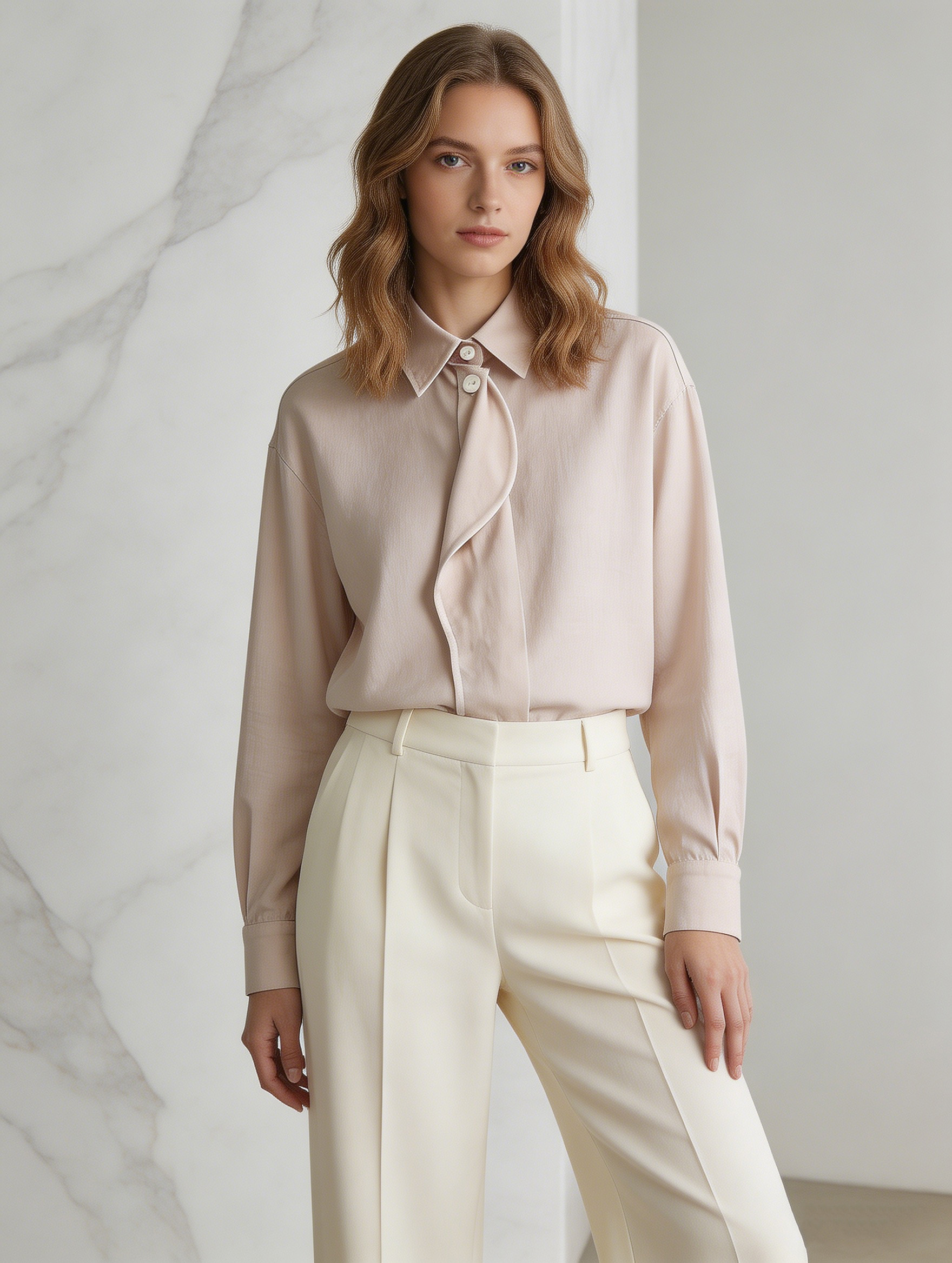 Elegant White Draped Front Shirt - Oversized Collar Office Blouse  AN-710011