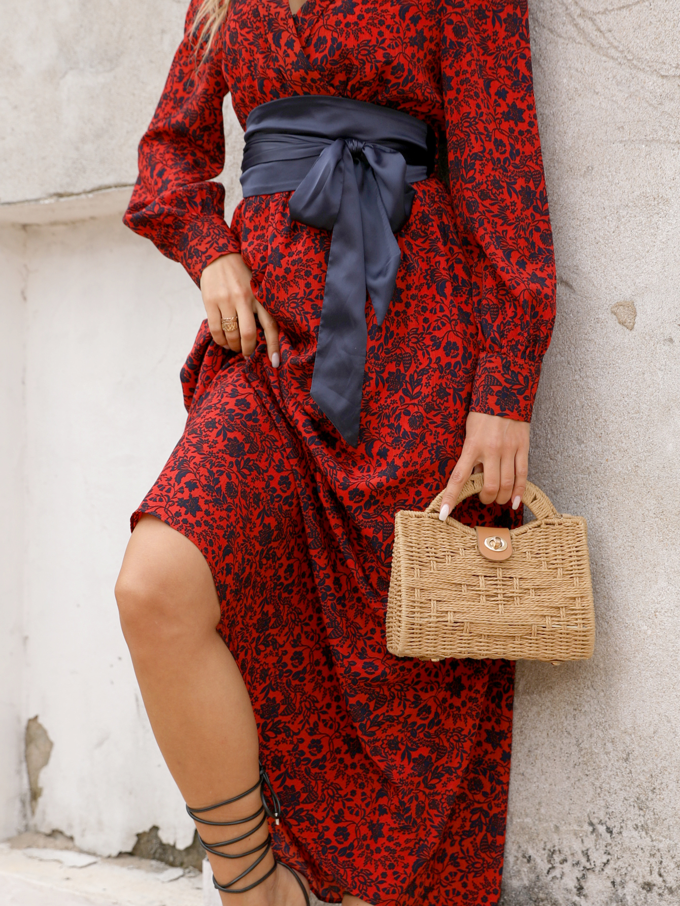 Women’s Vintage Floral Boho Midi Dress – Long Sleeve V-Neck with Waist Tie D-33967