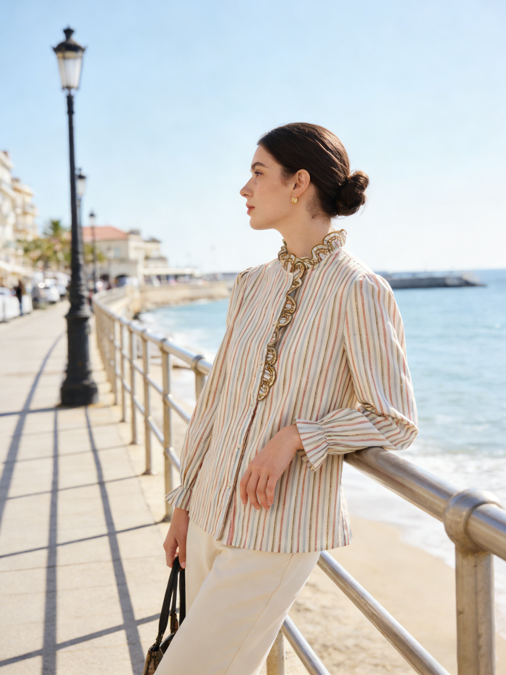 Vintage Pink Stripe Ruffle Neck Blouse - Long Sleeve Victorian Blouse  A-41690