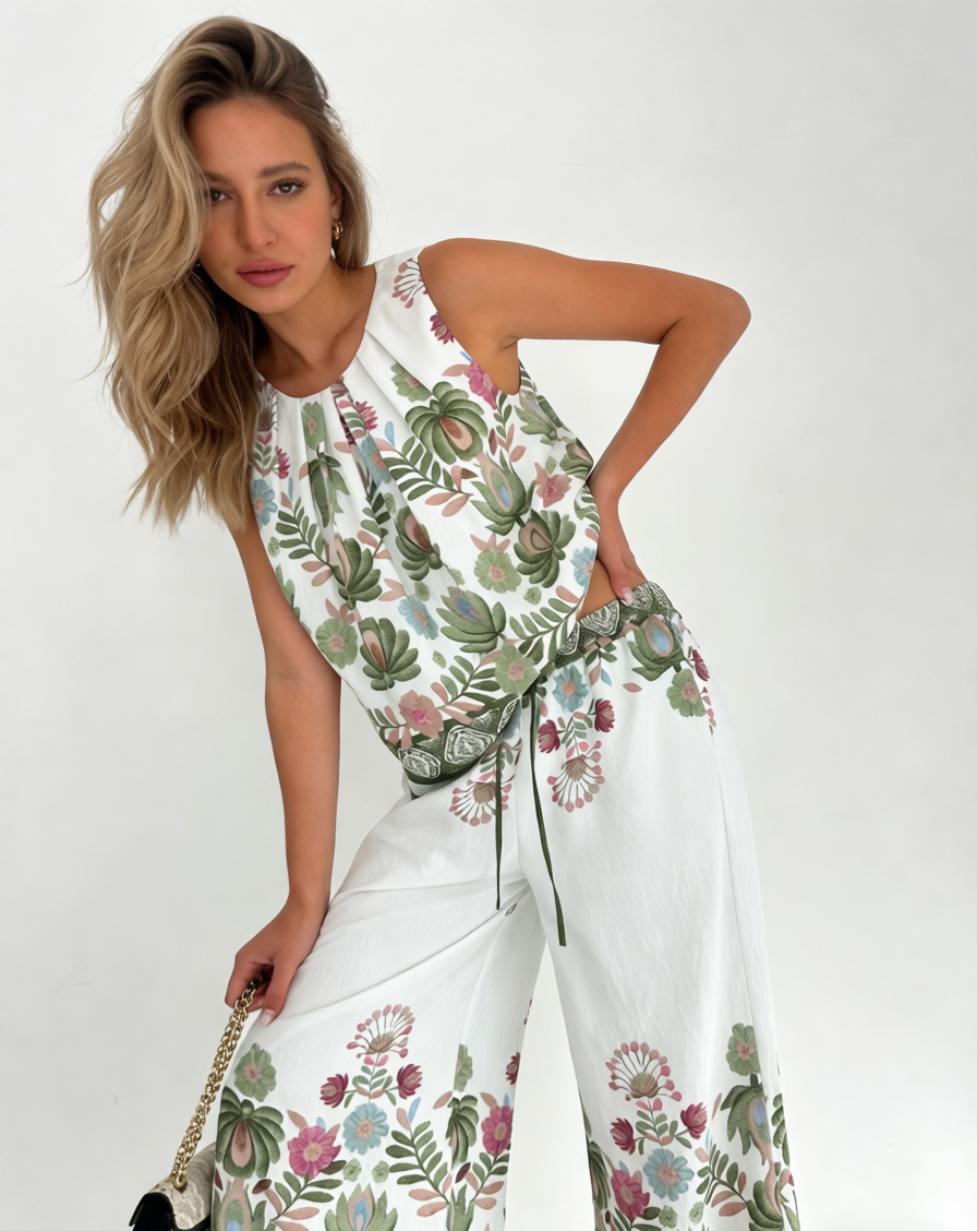 Boho Chic Floral Print Co-ord Set Sleeveless Top and Flowy Drawstring Trousers A-42535+A-42534
