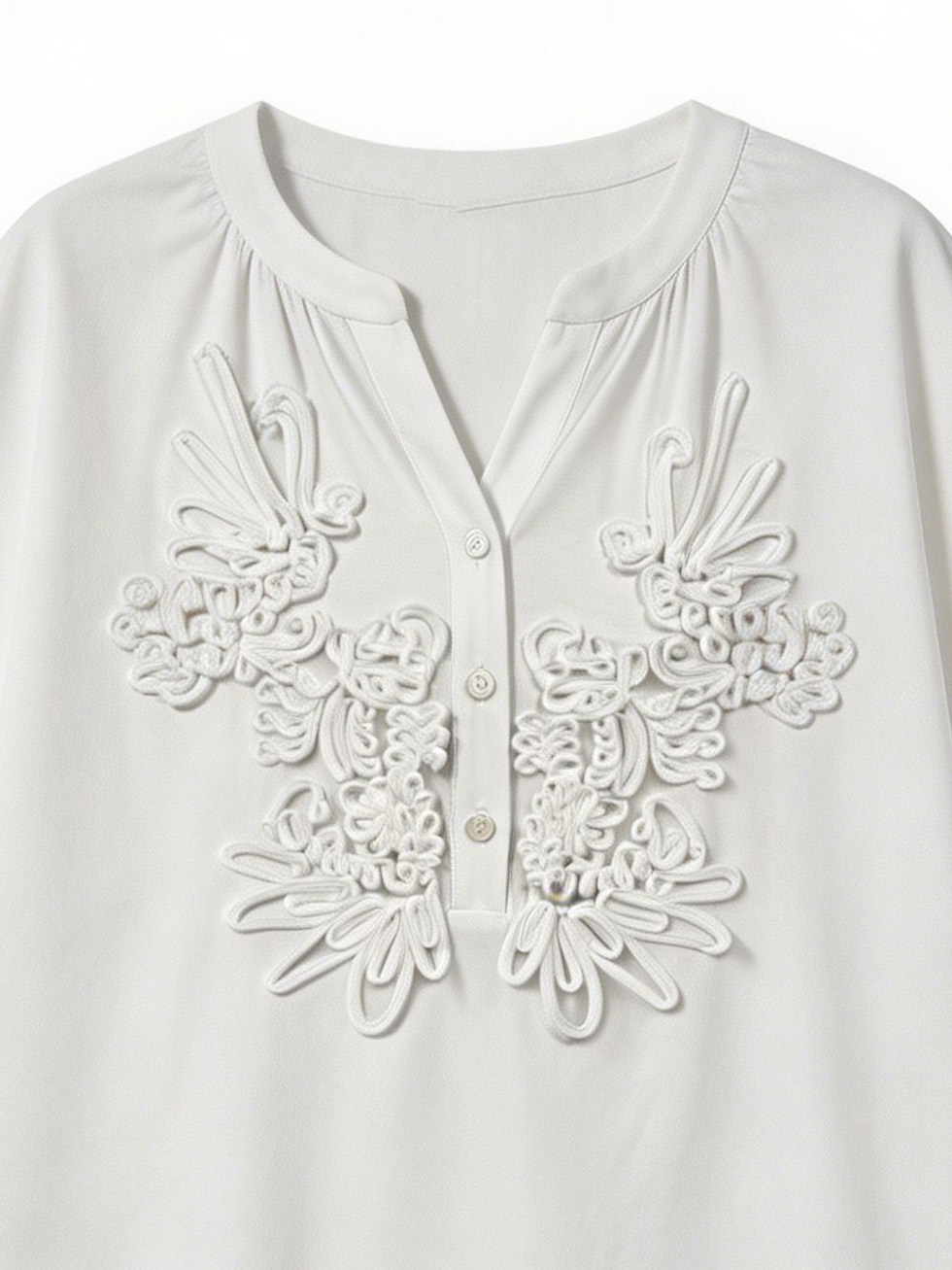 Women's 3D Floral Cord Embroidered Henley Blouse Casual Loose Fit White Top M-42164