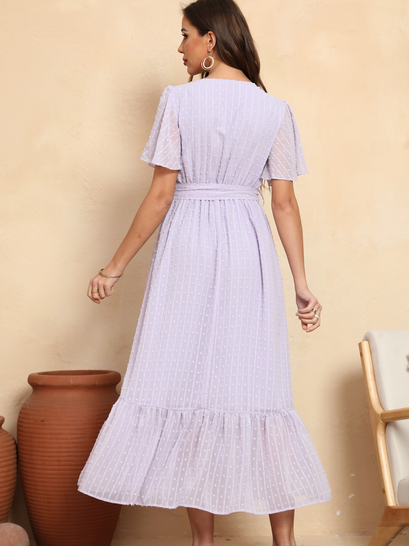Women’s Boho Tie Waist Ruffle Hem Midi Dress D-35117