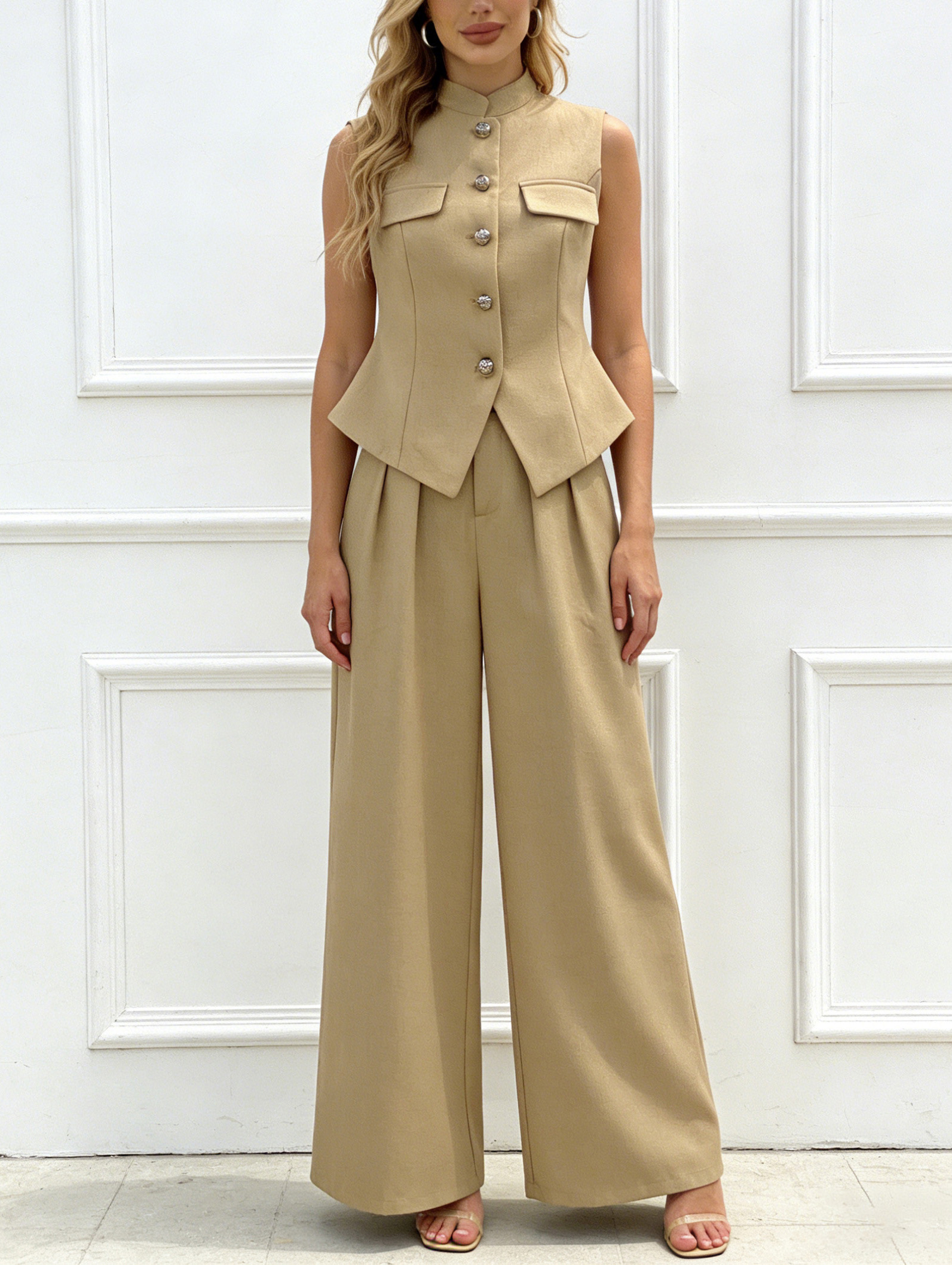 Pink Linen-Blend Mandarin Collar Vest Wide Leg Pants Set - Office 2 Piece Outfit V-C41196