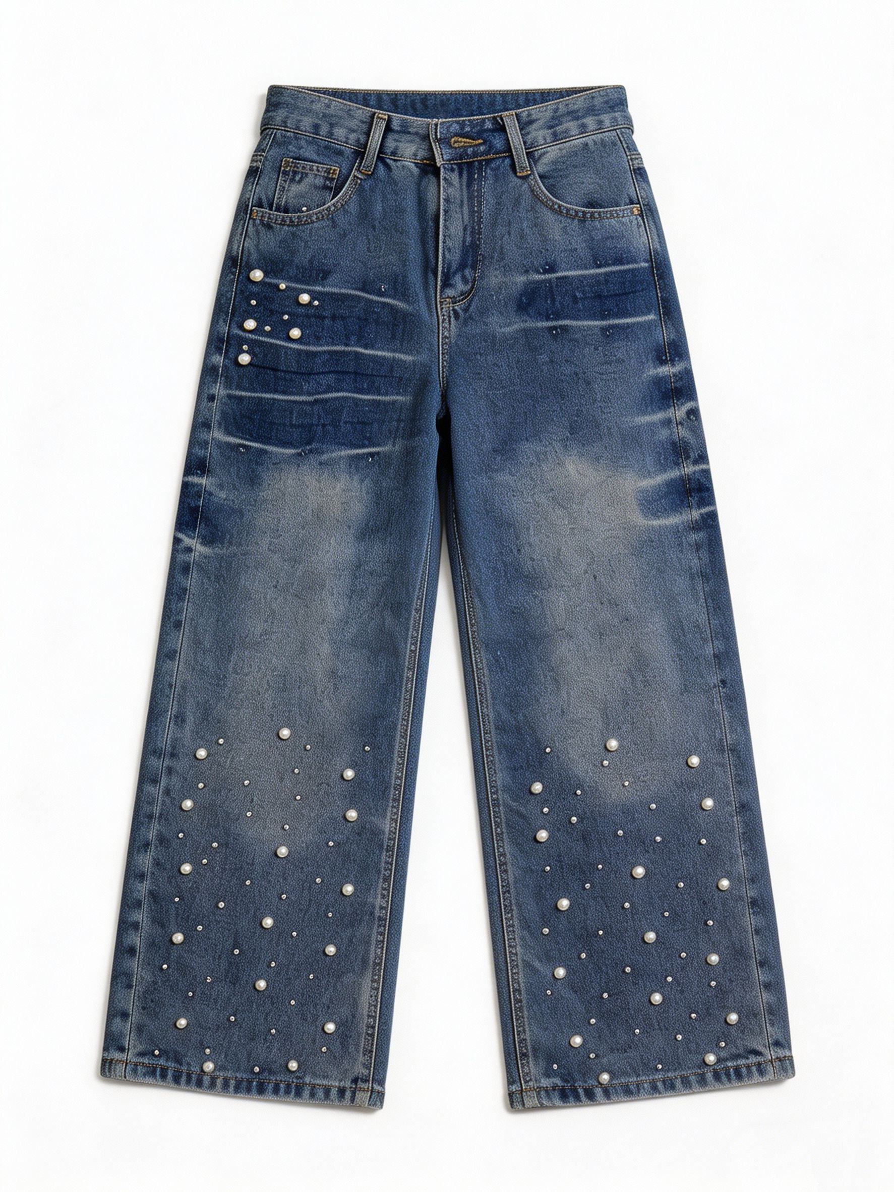 Vintage Wash Pearl Beaded Wide Leg Jeans High Waist Fashion Denim ZY5102