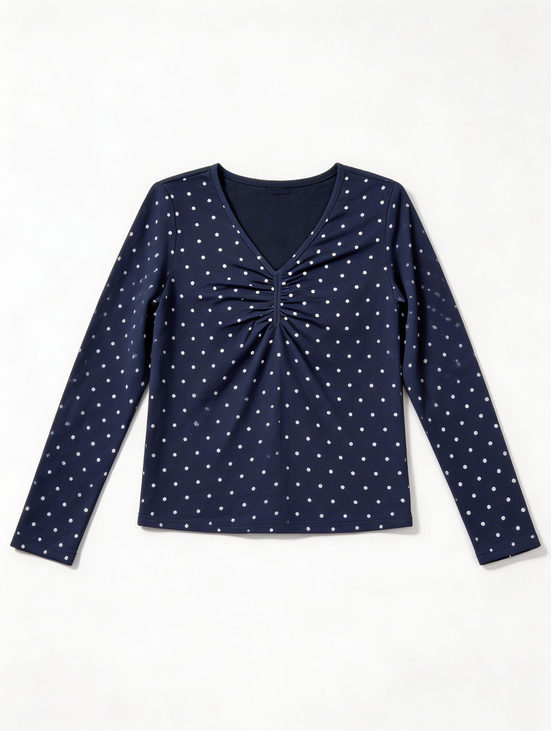 French Style Polka Dot Ruched Tee - V-Neck Slim Fit Top  AN-710008