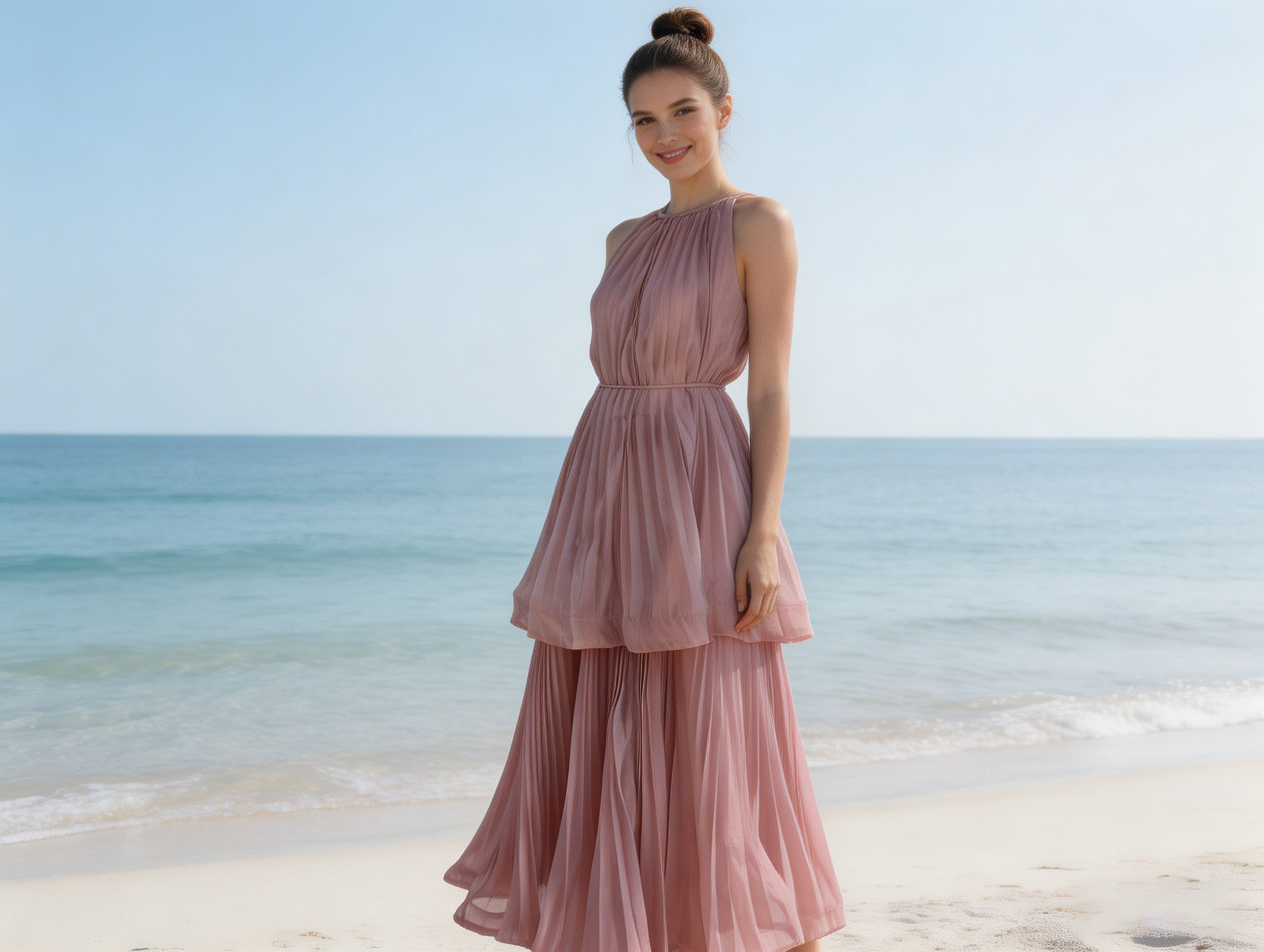 Pink Halter Neck Tiered Pleated Maxi Dress - Elegant Party Dress 5253