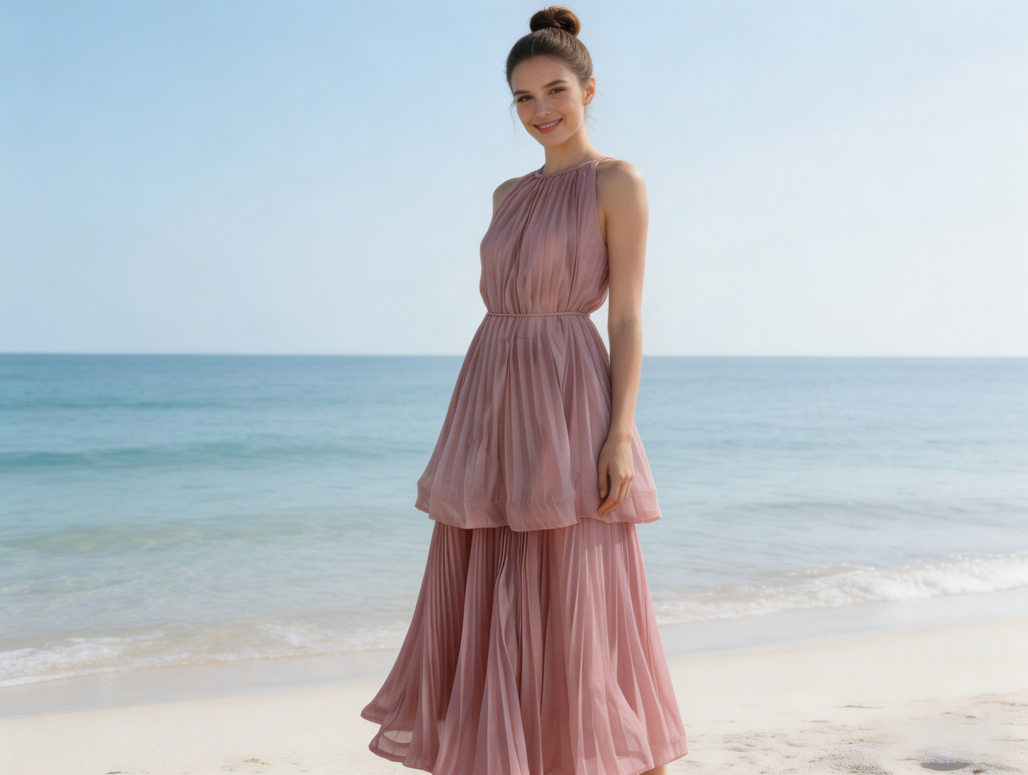 Pink Halter Neck Tiered Pleated Maxi Dress - Elegant Party Dress 5253
