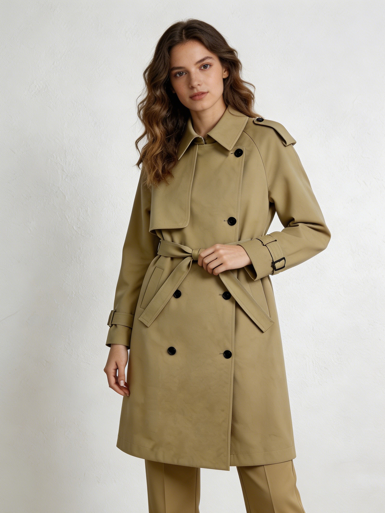 Minimalist Khaki Lapel Collar Trench Coat - Formal Everyday Wear  C-42181