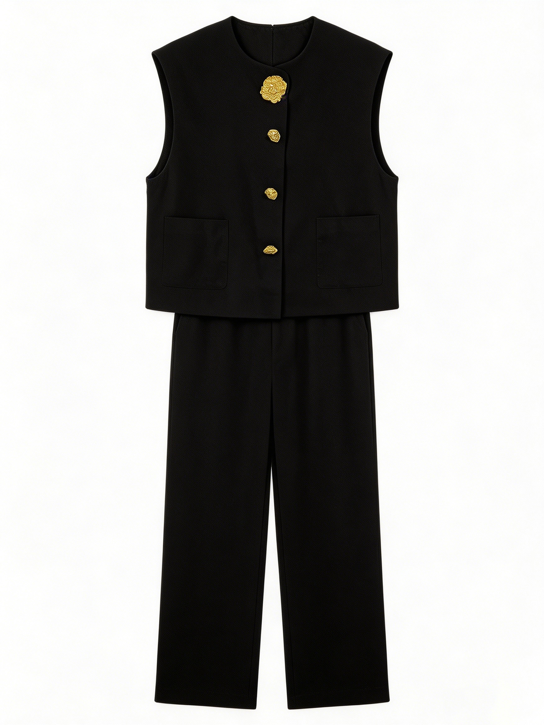 Minimalist Black Boxy Vest & Maxi Skirt Set with Statement Gold Buttons V-C36453