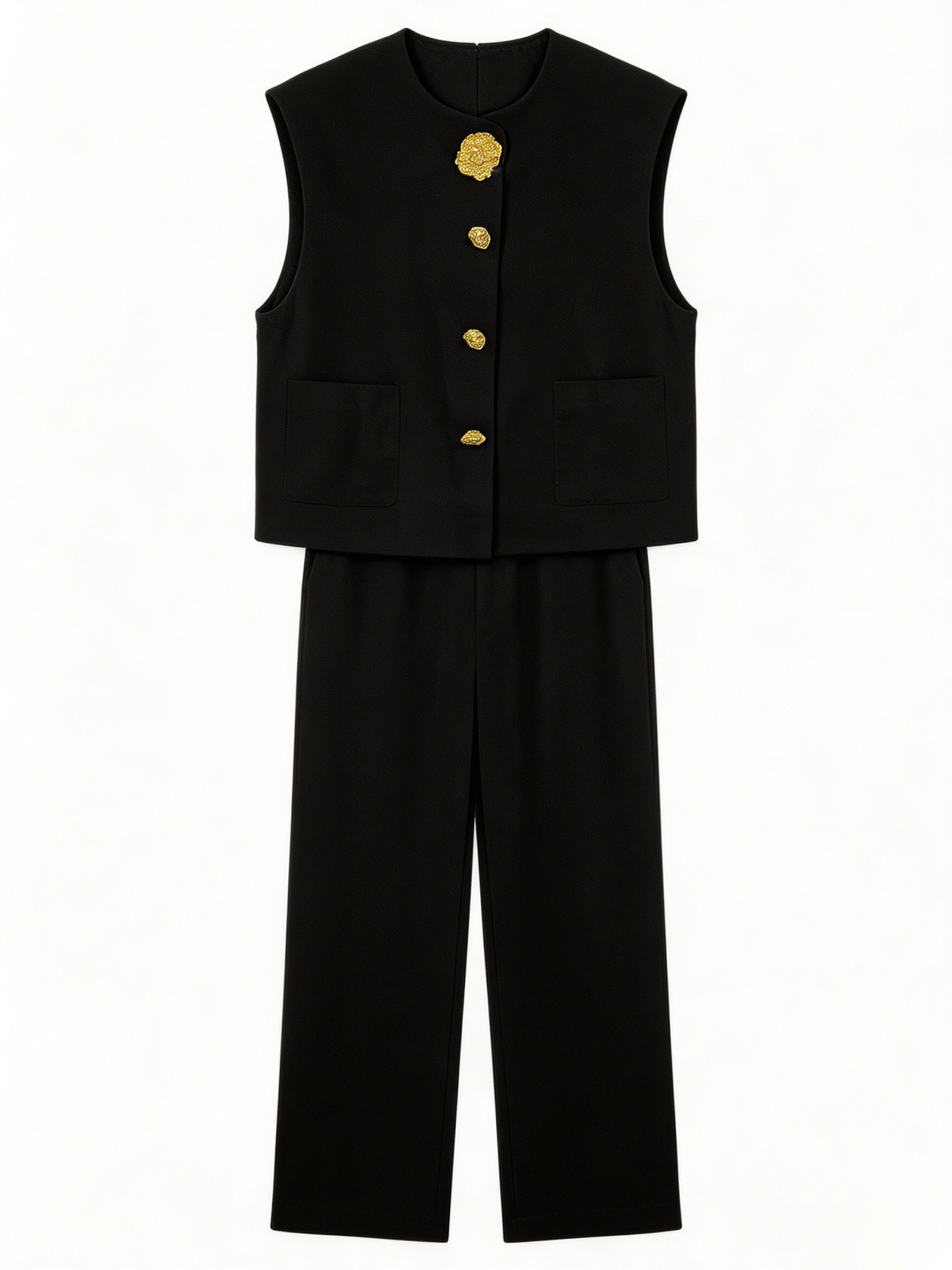 Minimalist Black Boxy Vest & Maxi Skirt Set with Statement Gold Buttons V-C36453